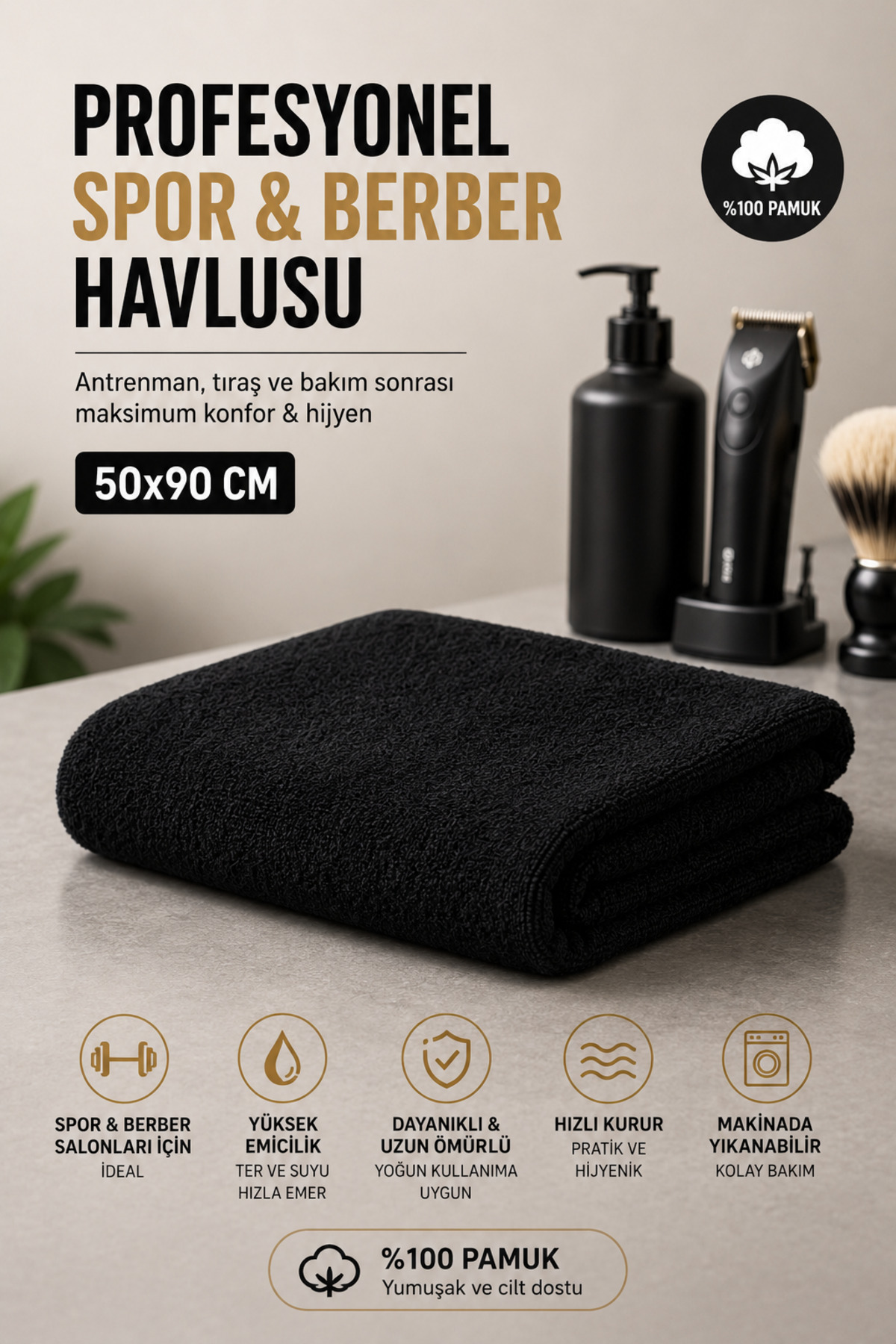 Siyah Spor Fitness Havlusu Leke Tutmayan Kuaför Berber Havlu 50x90 Cm