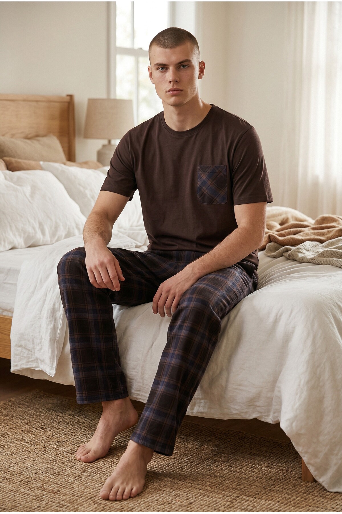 koza iç giyim Erkek Pamuklu Üst Füme Göğüs Cepli Kısa Kollu Pijama Takımı