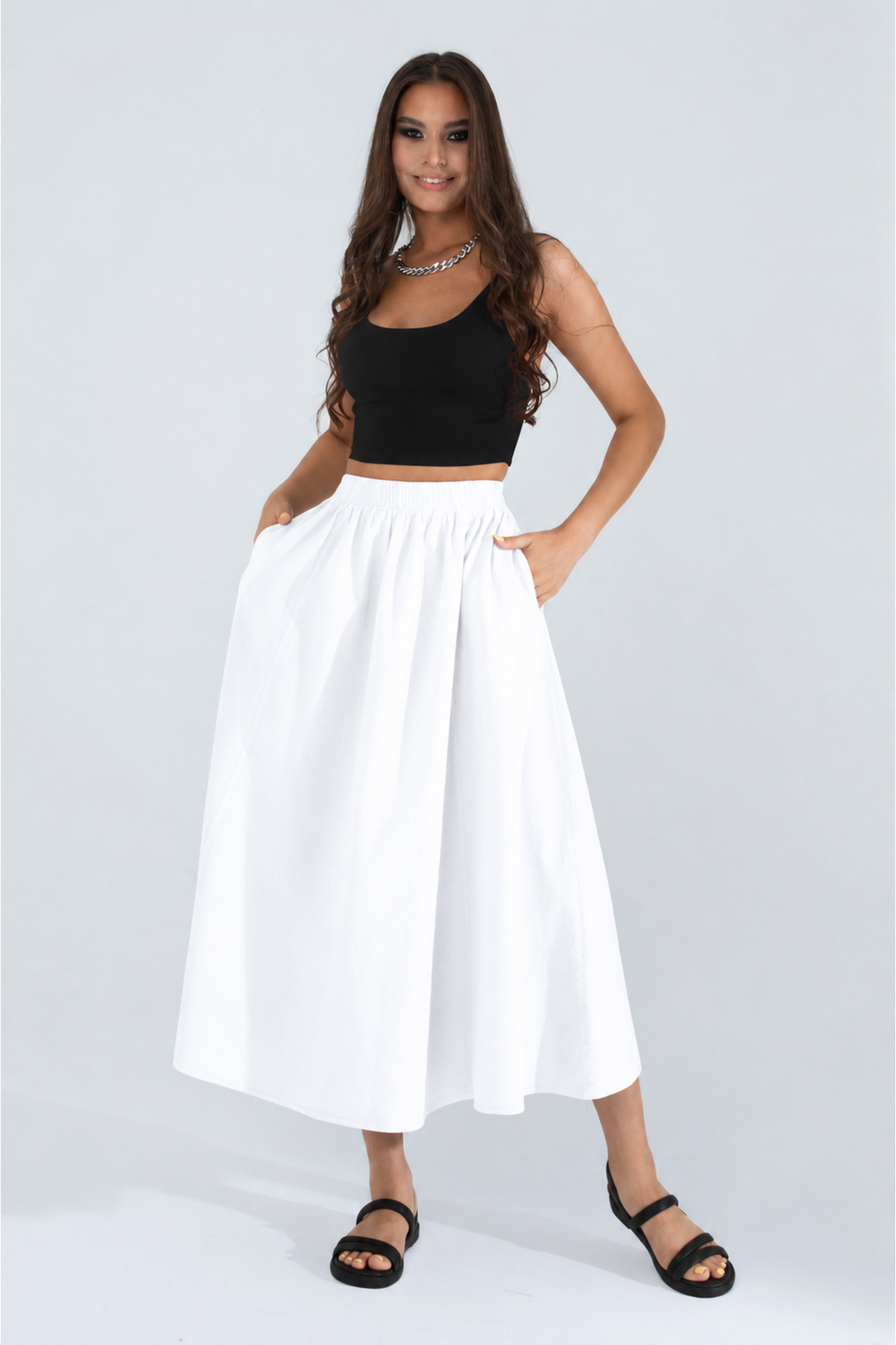 Women's A-Section High Waist Pocket Loose Flared Skirt - Textured Linen