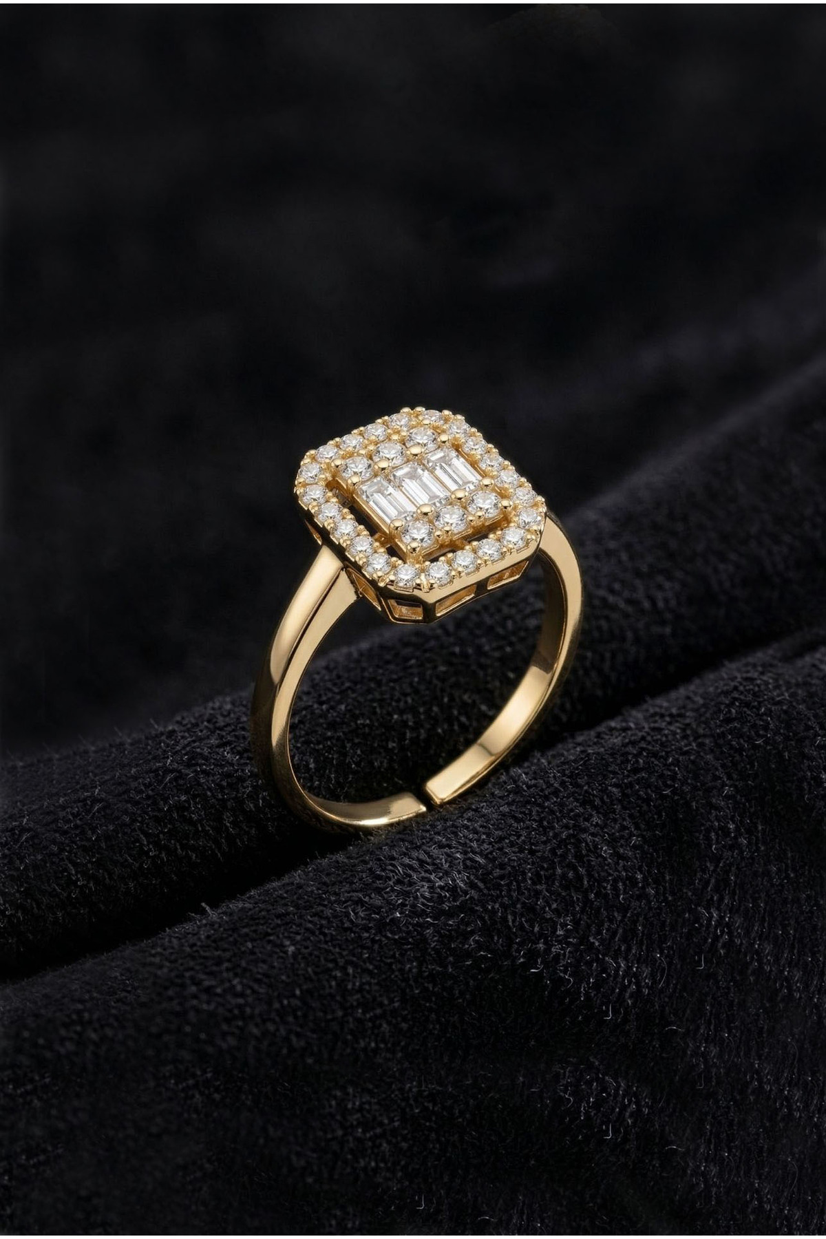 Roza Silver 925 Ayar Zirkon Taşlı Gold 3 Sıra Ayarlanabilir Baget Gümüş Yüzük