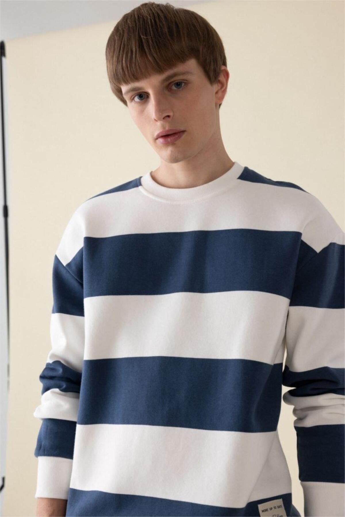 DeFacto Boxy Fit Bisiklet Yaka Çizgili Sweatshirt A9066AX24AU görsel 4