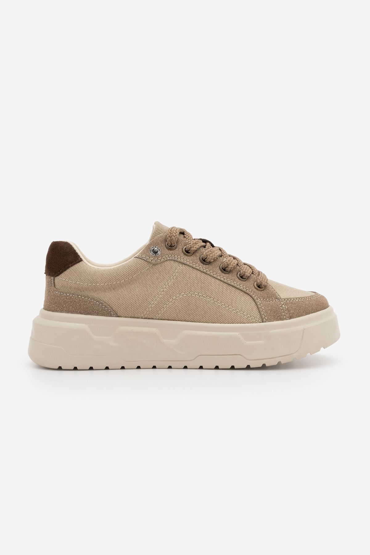 Marjin Kadın Sneaker Süet Yüksek Kalın Desenli Ultra Hafif Taban Bağcıklı Spor Ayakkabı Keten Noska Bej görsel 3