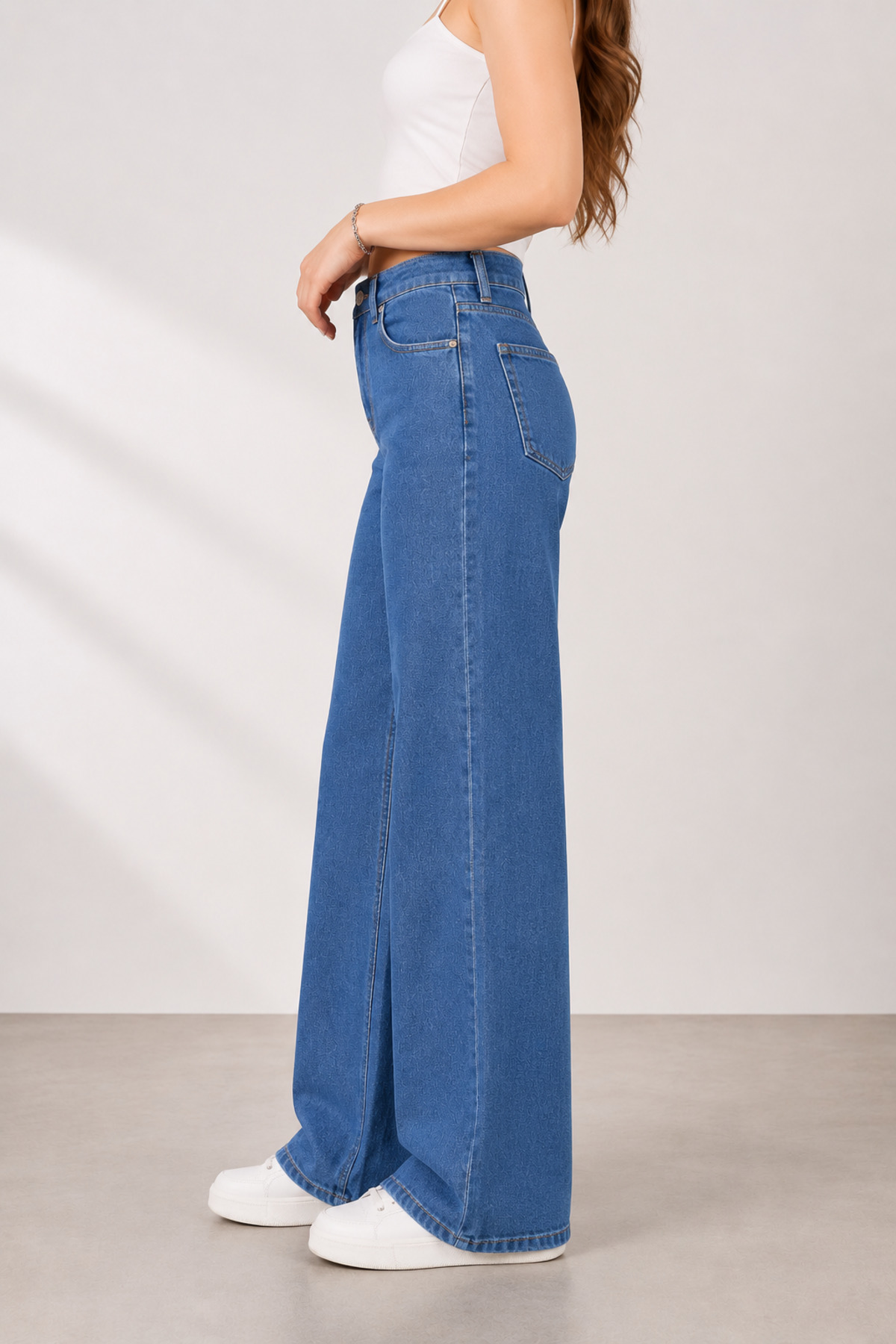 Lighter Jeans  Kadın Orta Mavi Yüksek Bel Straight Fit Wide Leg Jean Pantolon Rahat Kalıp Likralı Denim Kot - Görsel 6