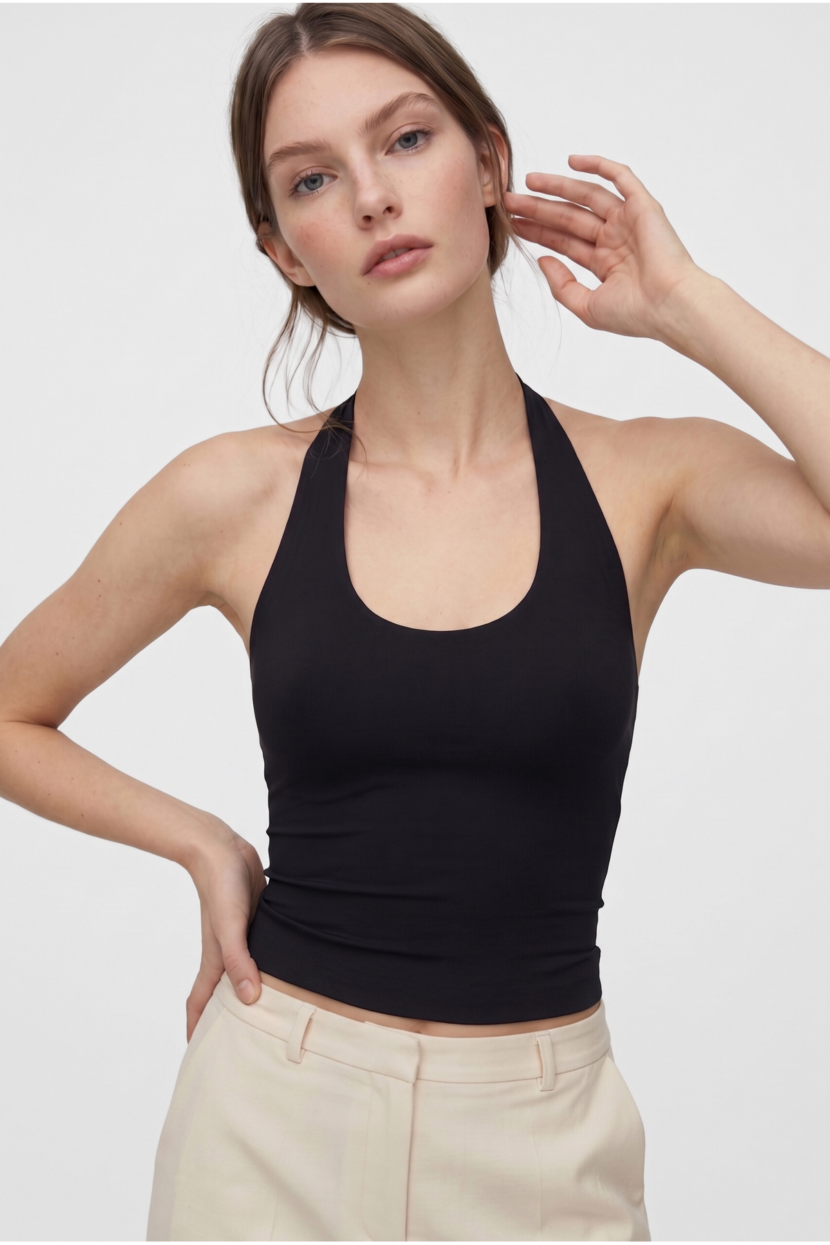 OLYNN  Siyah Ultra Premium Soft Halter Yaka Çift Kat Top Body