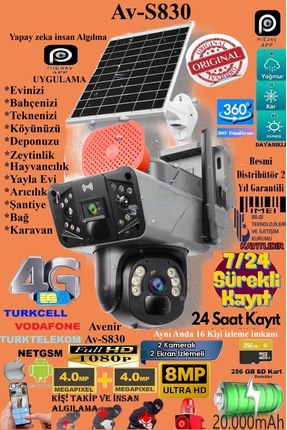 TRCharger Av-s830 Güneş Enerjili Sim Kartlı 4g 6mp Solar Güvenlik Kamerası,10...