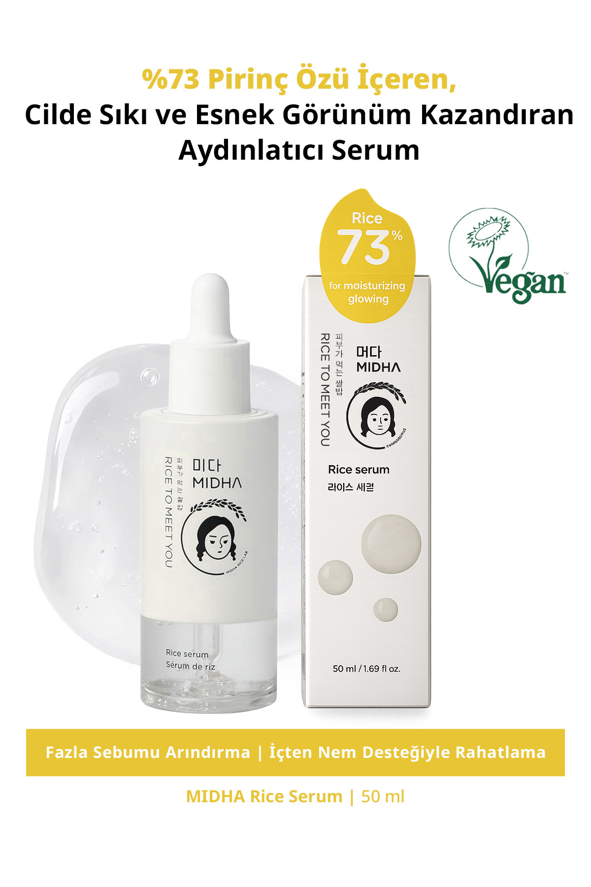 MIDHA %73 Pirinç Özü İçeren, Cilde Sıkı Ve Esnek Görünüm Kazandıran Aydınlatıcı Serum Rice Serum — MIDHA-RICE-SERUM-50ML