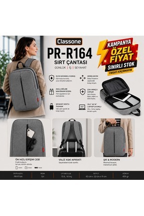 Classone PR-R164 Roma Serisi ,WTXpro ,Su Geçirmez Kumaş 15.6" Uyumlu Laptop,N...