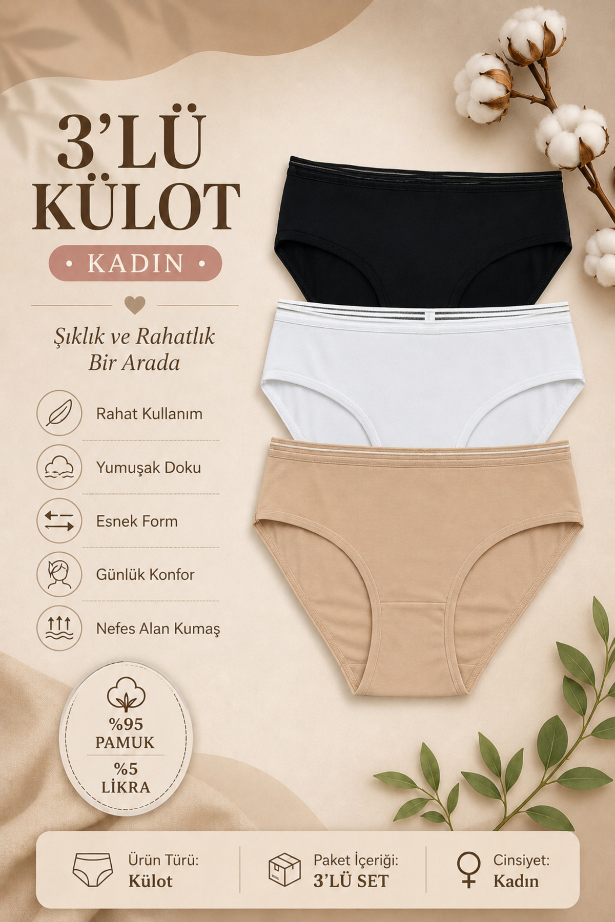 Nicoletta Kadın Külot 3 Lü Paket Likralı Pamuklu Beli Geniş Lastikli Transparan Şeffaf