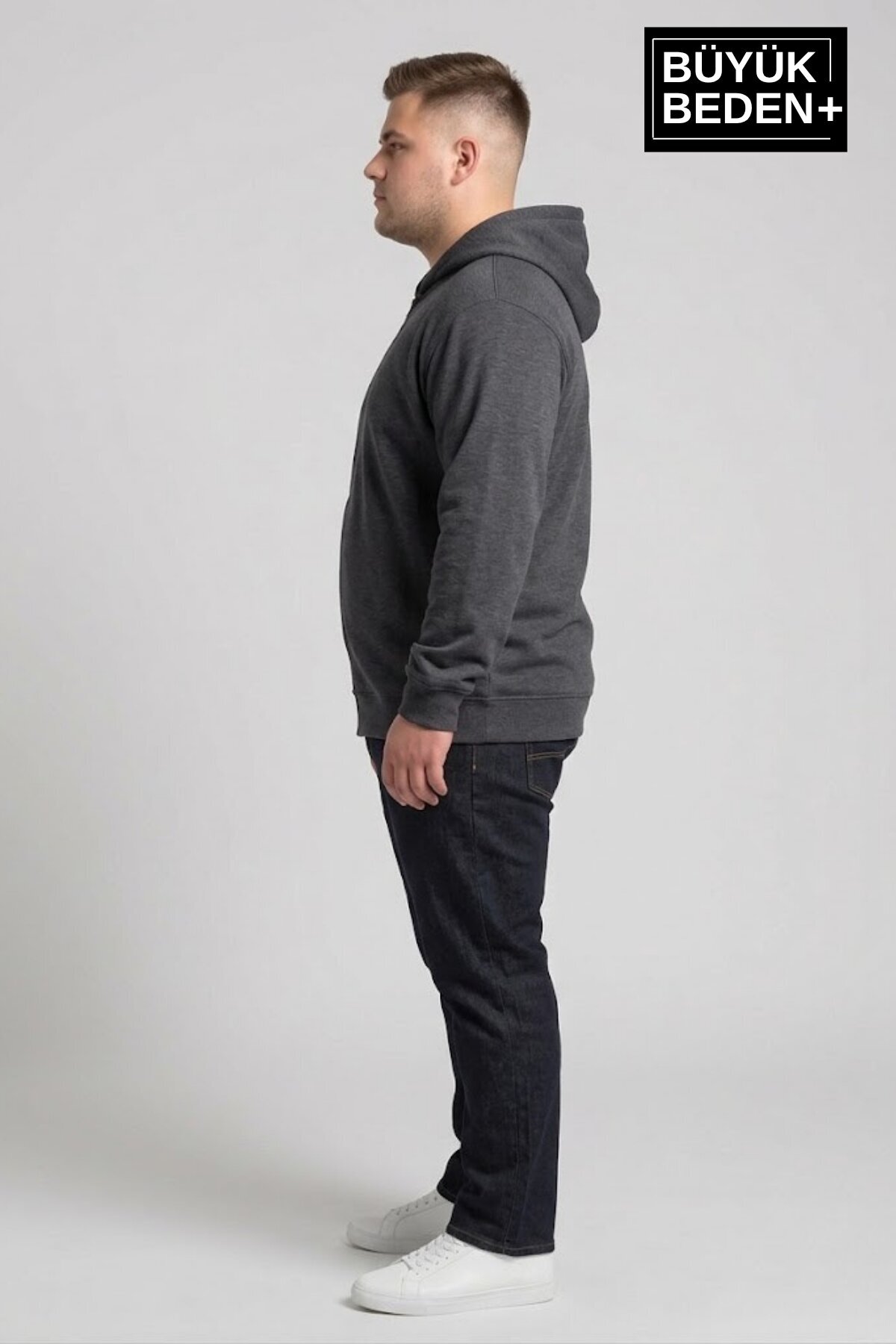 Erkek Büyük Beden Fermuarlı Kapüşonlu ince Sweatshirt Hırka - Rahat Kalıp SPR26BHR960 — مشکی — تصویر 3 از 5