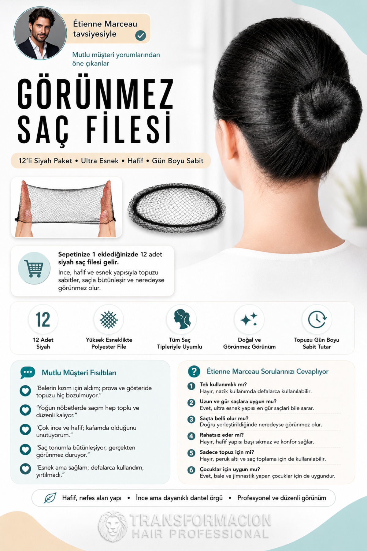 Transformacion Saç Topuz Filesi Topuz Sabitleyici File Eastik Topuz Ağı Hostes Saç Filesi Siyah 12'li 720098 görsel 5