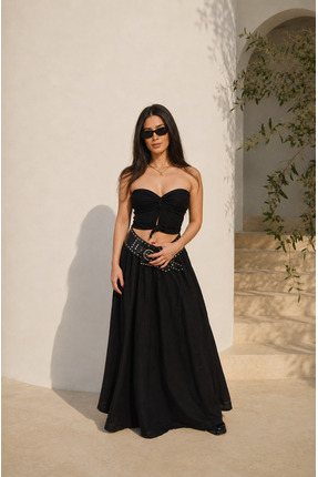shop Kırışık Model Kadın Siyah Vual Kumaş Beli Lastikli Uzun Astarlı Etek