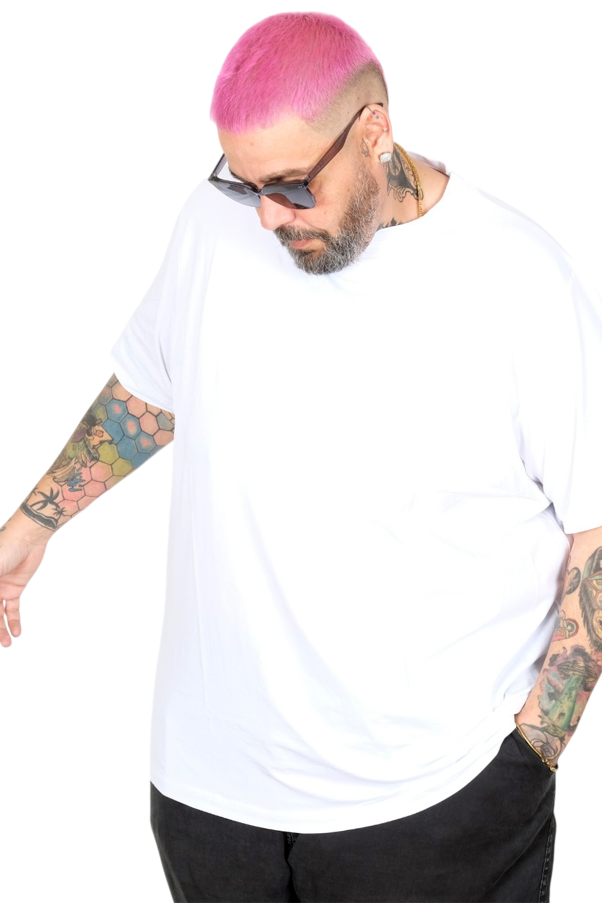 ModeXL Mode XL Büyük Beden Unisex Likralı T-shirt Bisiklet Yaka 20149 Beyaz görsel 3