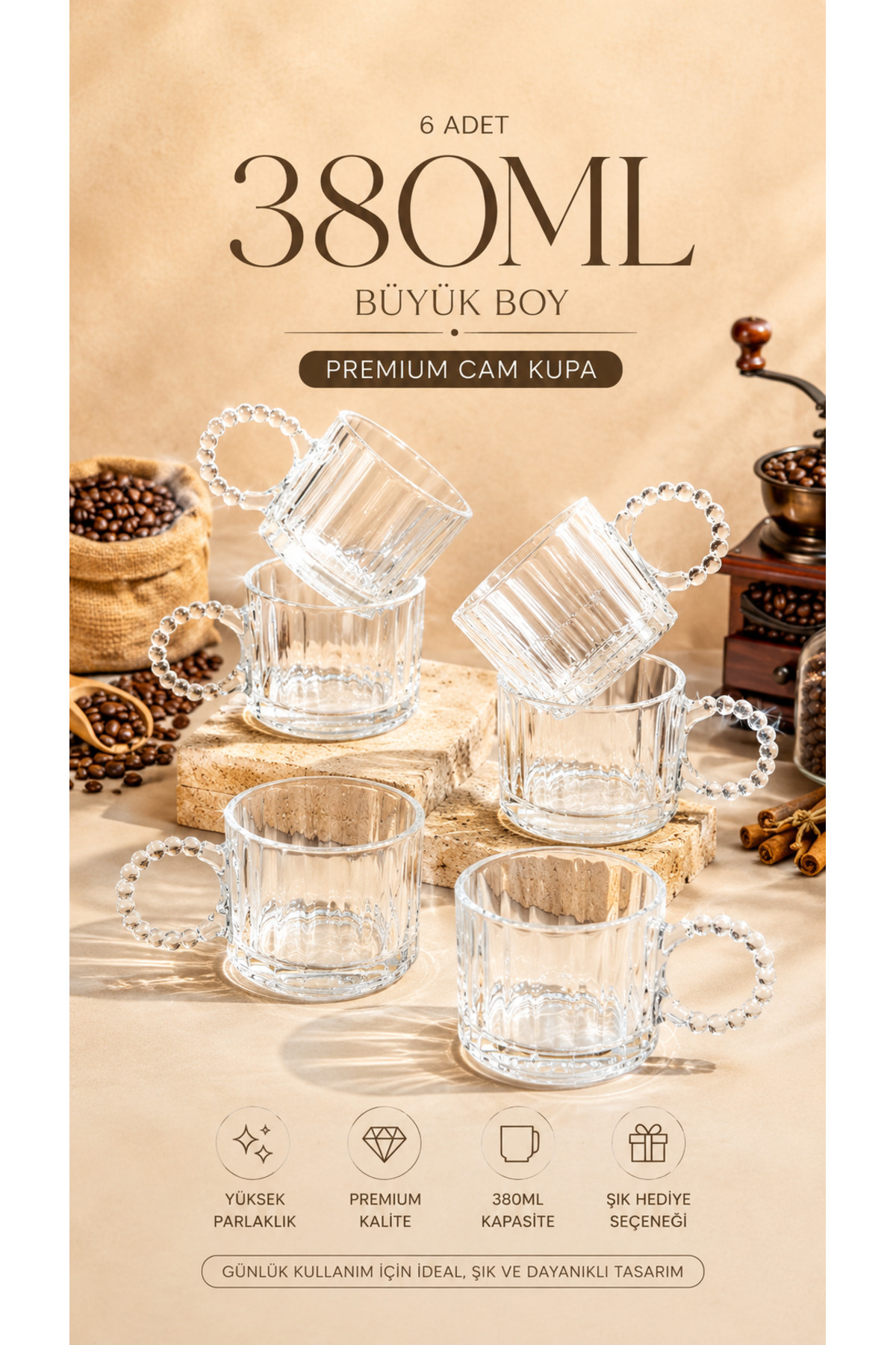 Luxury Crystal Large Transparent Tea Cup with Bead Handle | 6-Piece - 380ml