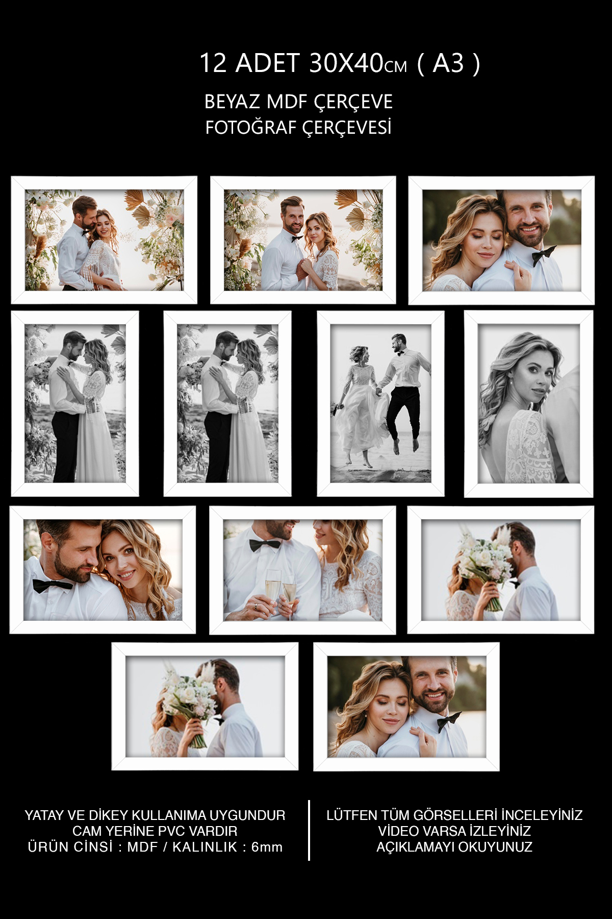 12 Pcs 30x40 Frame - White Frame - MDF A3 Frame - Multiple Photo Frame
