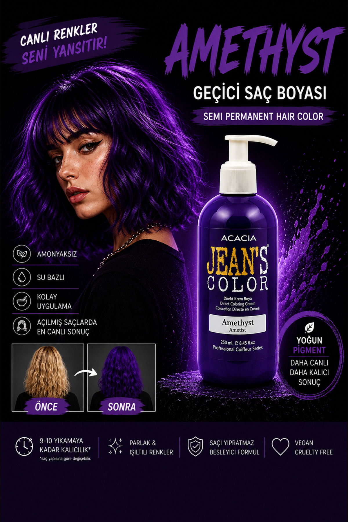 jeans color Amonyaksız Renkli Saç Boyası Ametist 250 ml Kokusuz Su Bazlı Amethyst Hair Dye — بنفش 22222