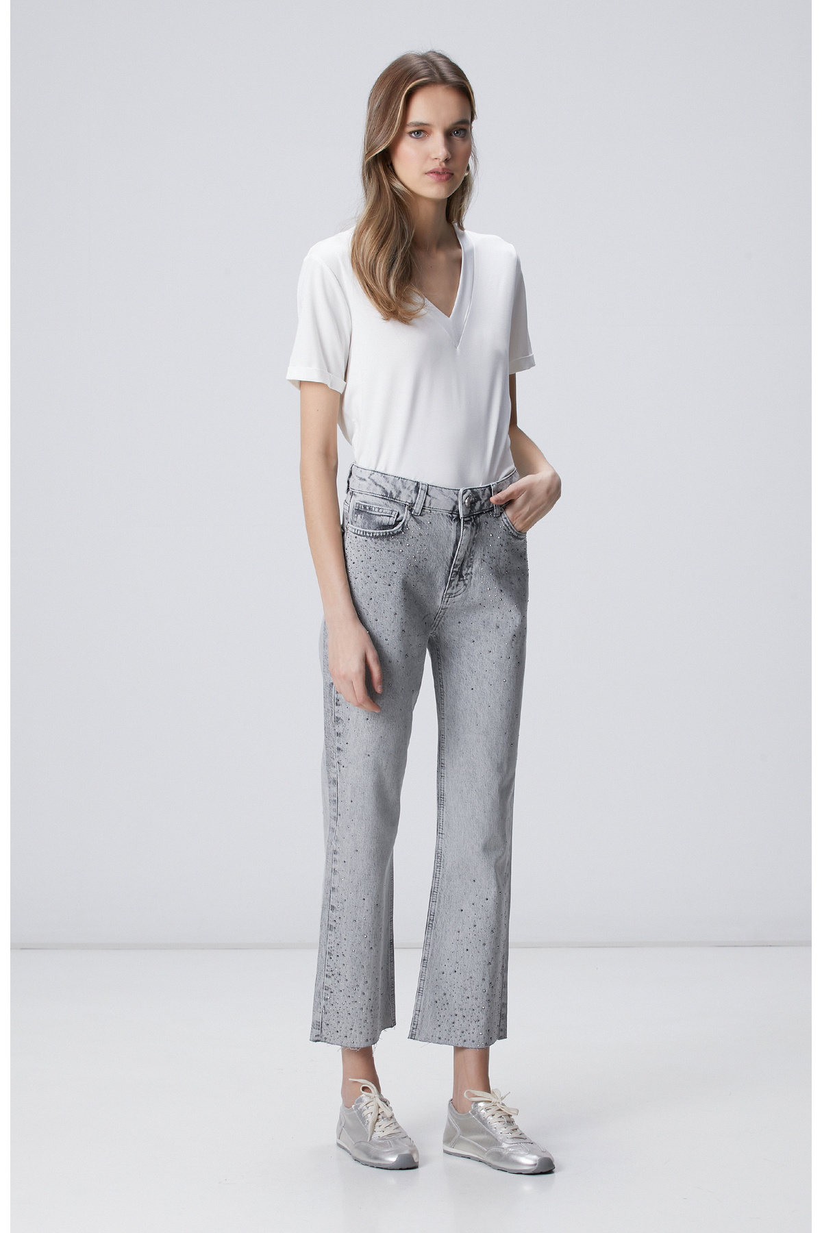 Network Kırık Beyaz Kol Katlama Detaylı Basic T-shirt görsel 3