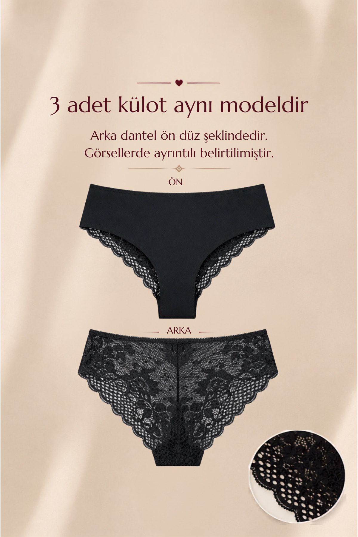 LİBELLA İÇ GİYİM Yeni Sezon Premium Büyük Beden Dantelli Lazer Tül Detaylı Şık Brezilya Külot Siyah 3'lü Paket görsel 2