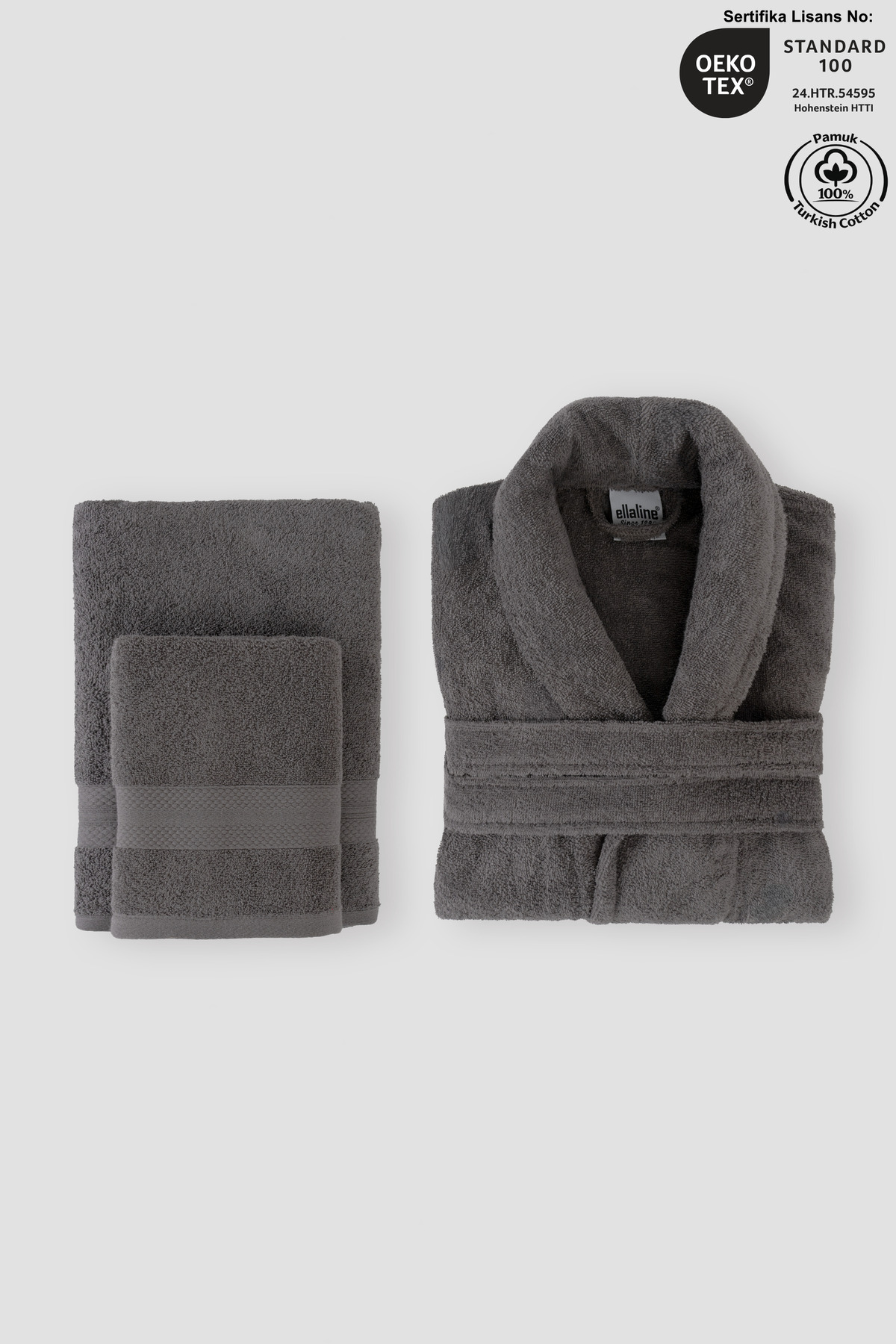 3-Piece Bathrobe Set 100% Cotton Certified, Shawl Bathrobe Body and Head Towel Set Anthracite