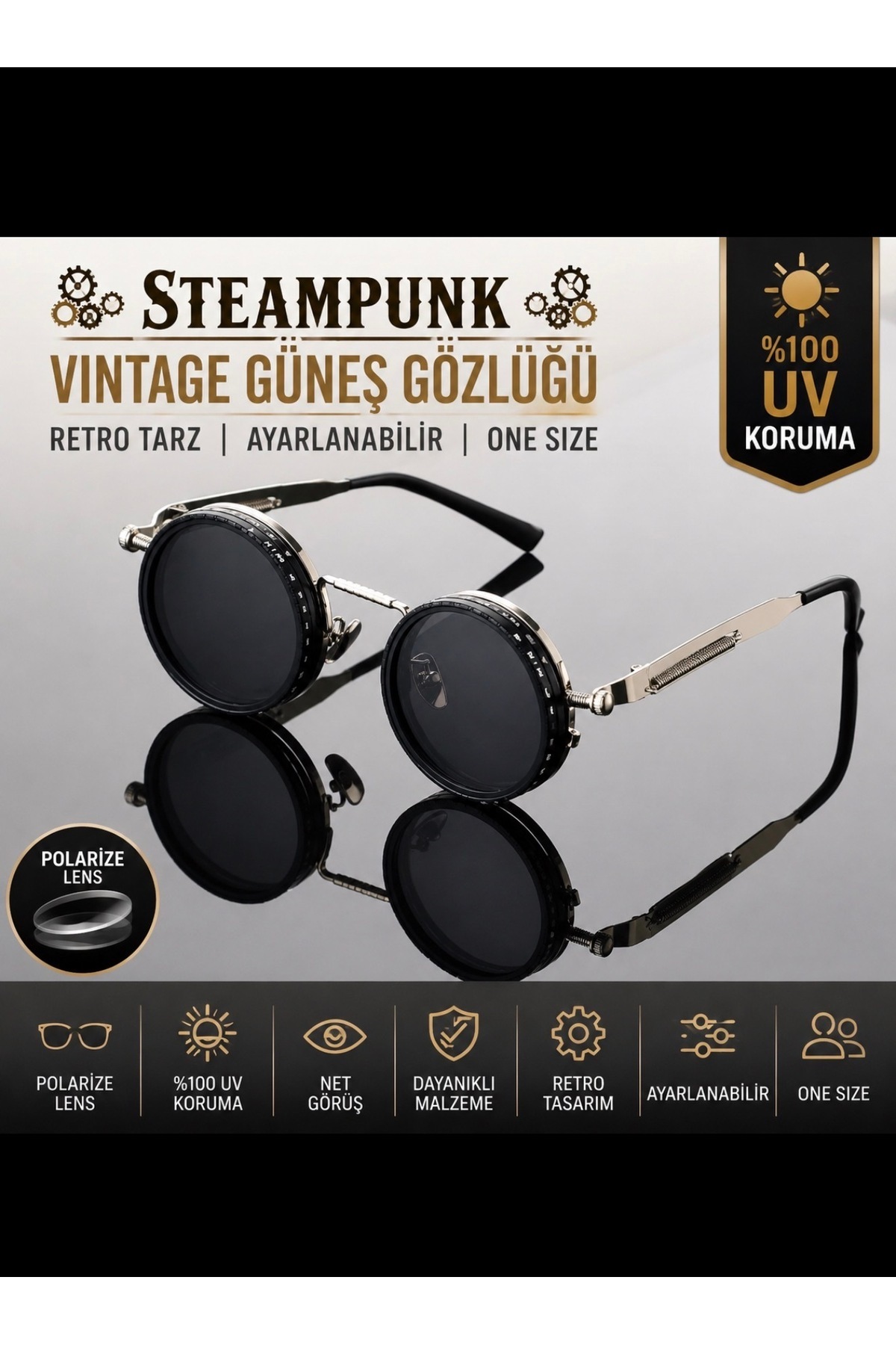 charmerprincesses Güneş Gözlüğü Steampunk Ayarlanabilir Vintage LENSLER POLARİZE %100 UV KORUMA RETRO TARZ