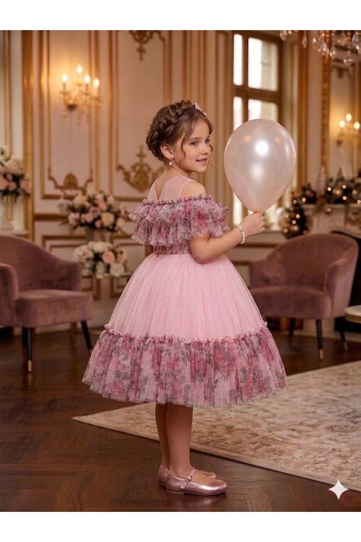Luiva Kids Gül Baskılı Fırfır Elbise Doğum Günü Düğün Nişan Parti Gösteri Elbisesi