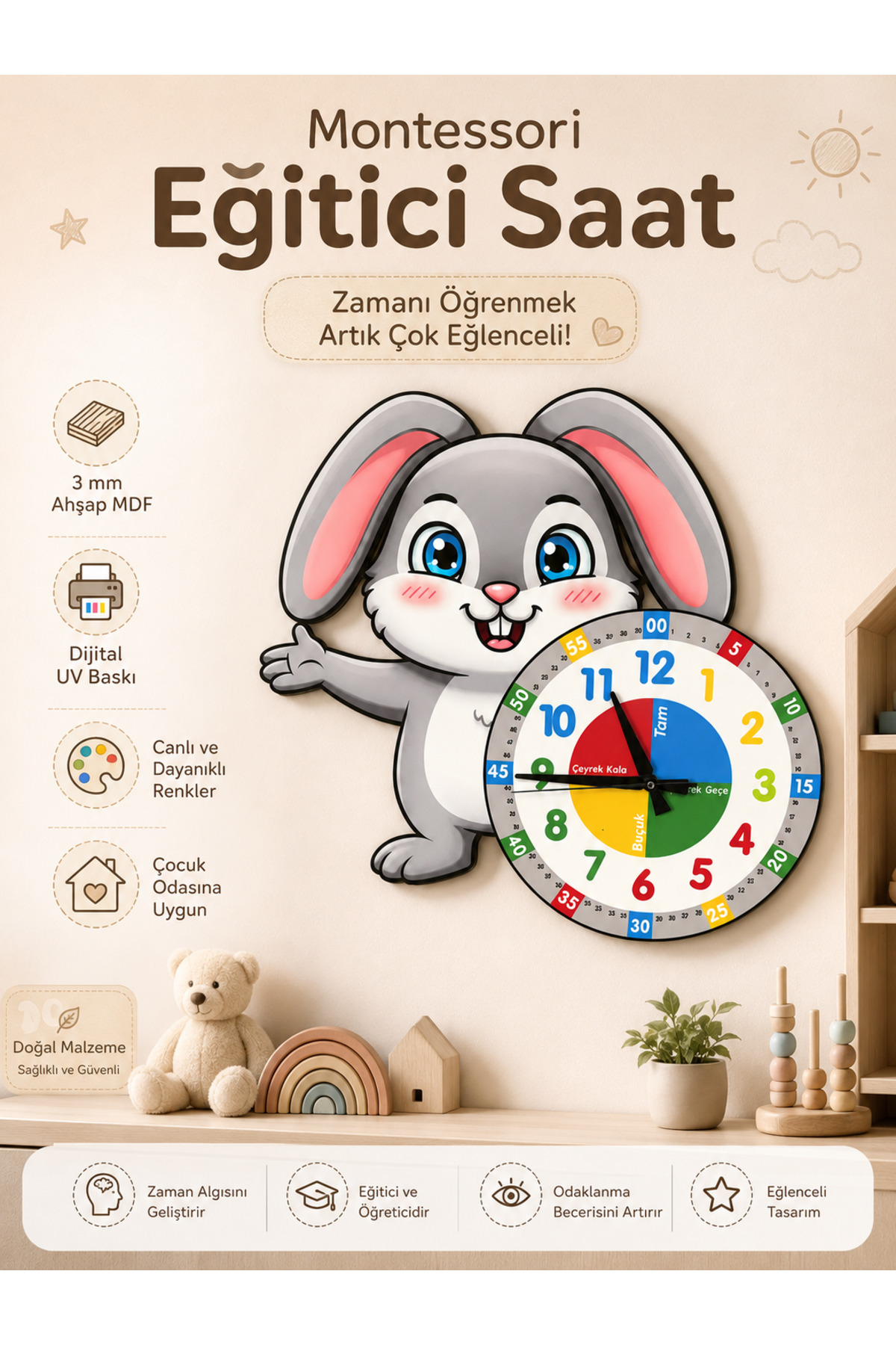 Cute Bunny Rabbit Montessori Kids Room Educational Wooden Wall Clock - Quiet Movement, Stylish