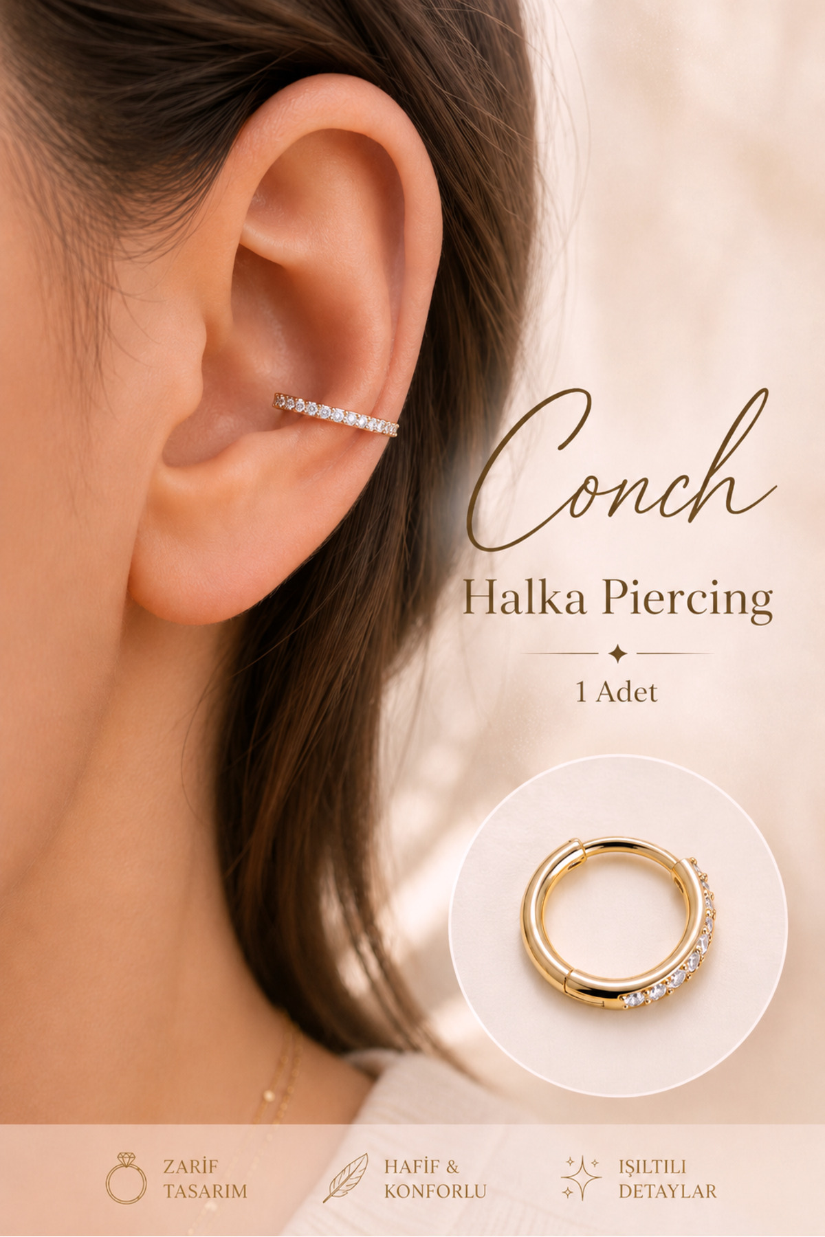 Sacce Scarves&Accessories Zirkon Taşlı Ince Halka Conch Piercing, Rodyum Kaplama | Tekli
