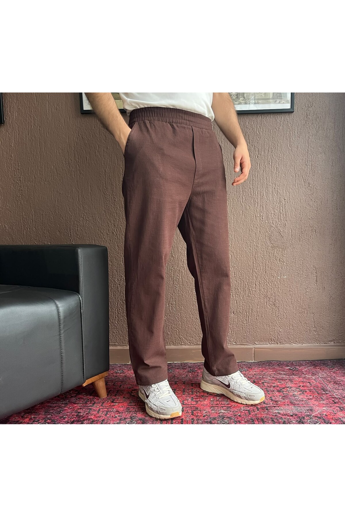 diversi.clo Men's Summer Comfortable Fit Loose Brown Linen Trousers