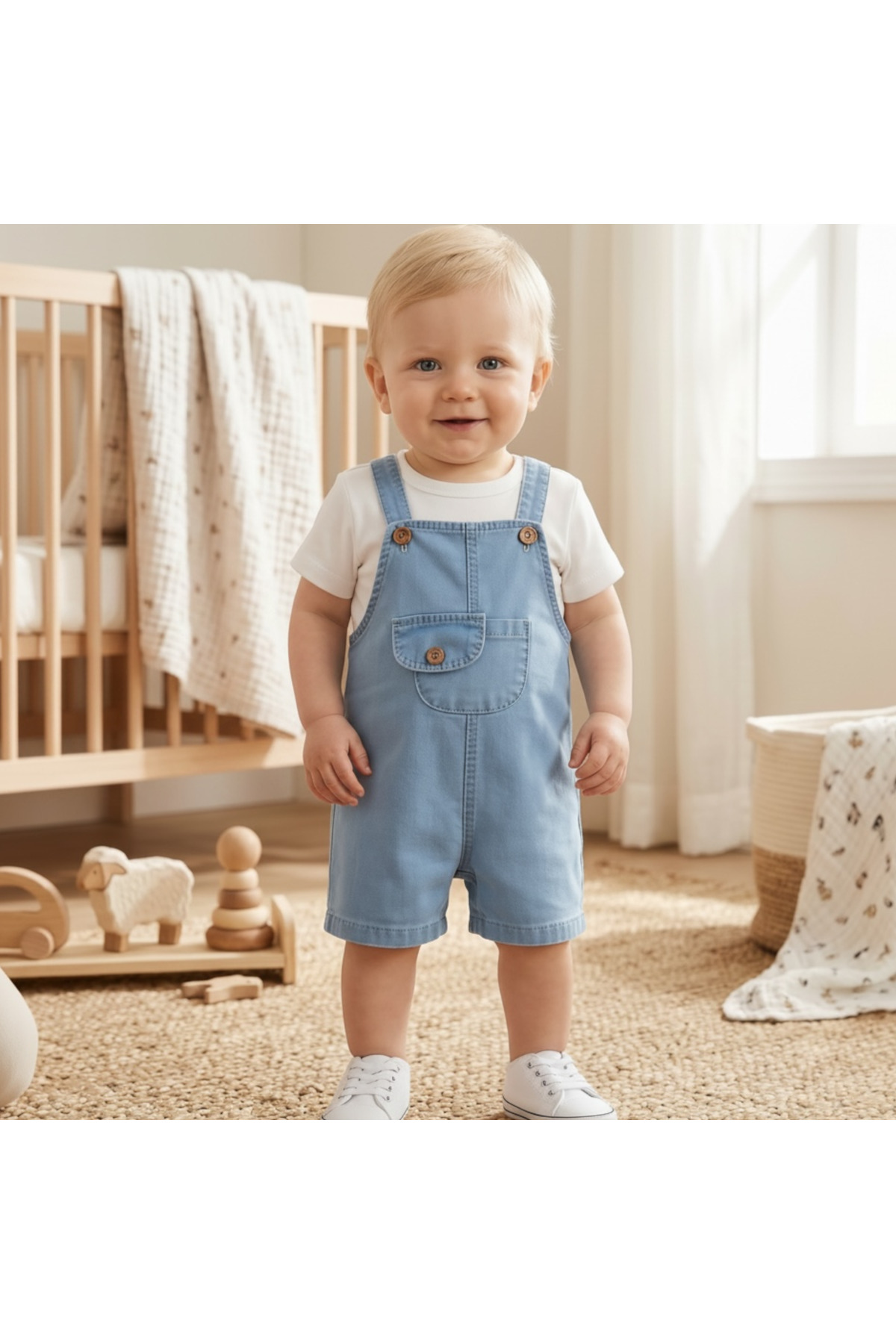 Denim Shorts with Pockets Dungaree and White T-Shirt 2-Piece Jumpsuit Set