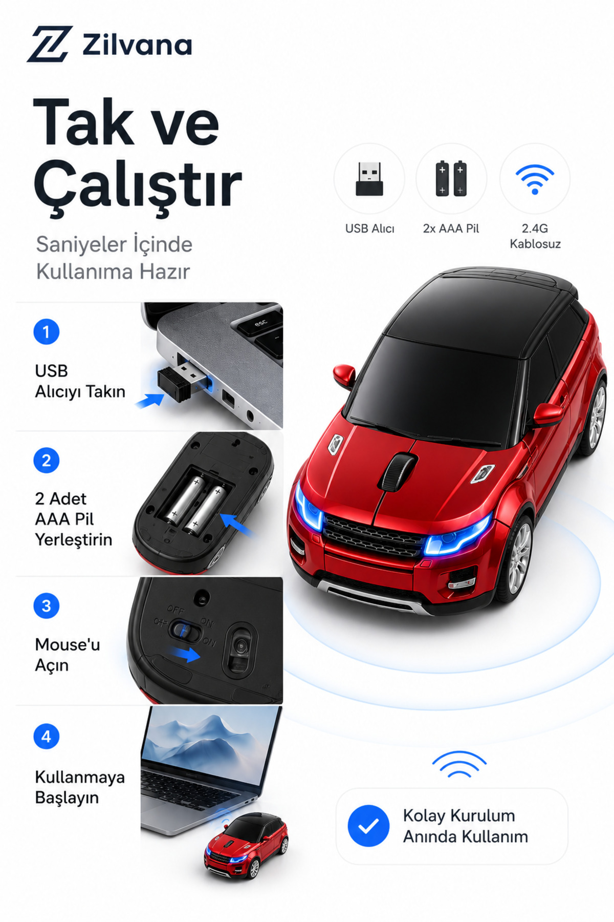 ماوس اپتیکال بی‌سیم 2.4G طراحی شده با مدل SUV - قرمز