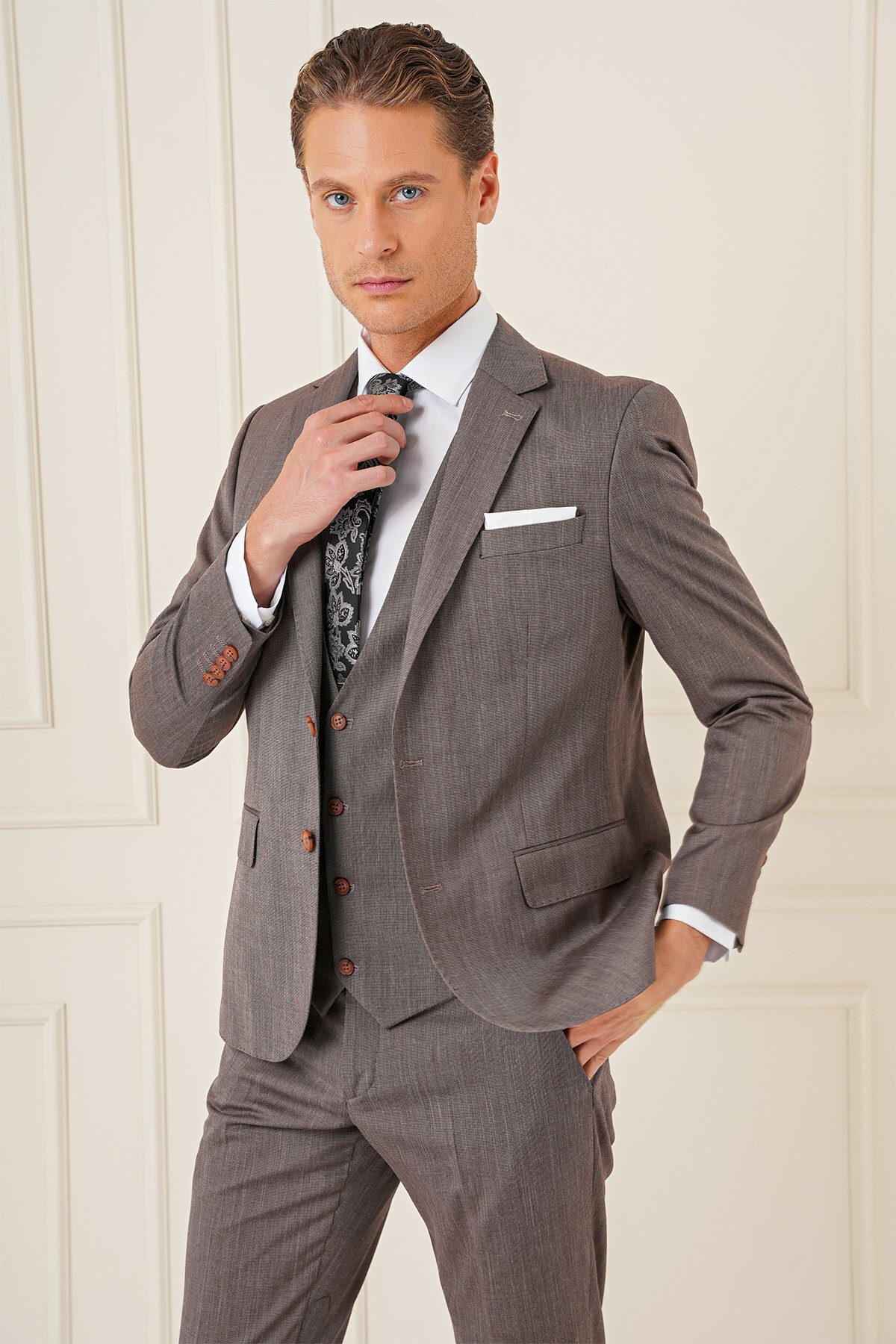 Efor Slim Fit Esnek Yelekli Klasik Vizon Takım Elbise Tk 897 görsel 5