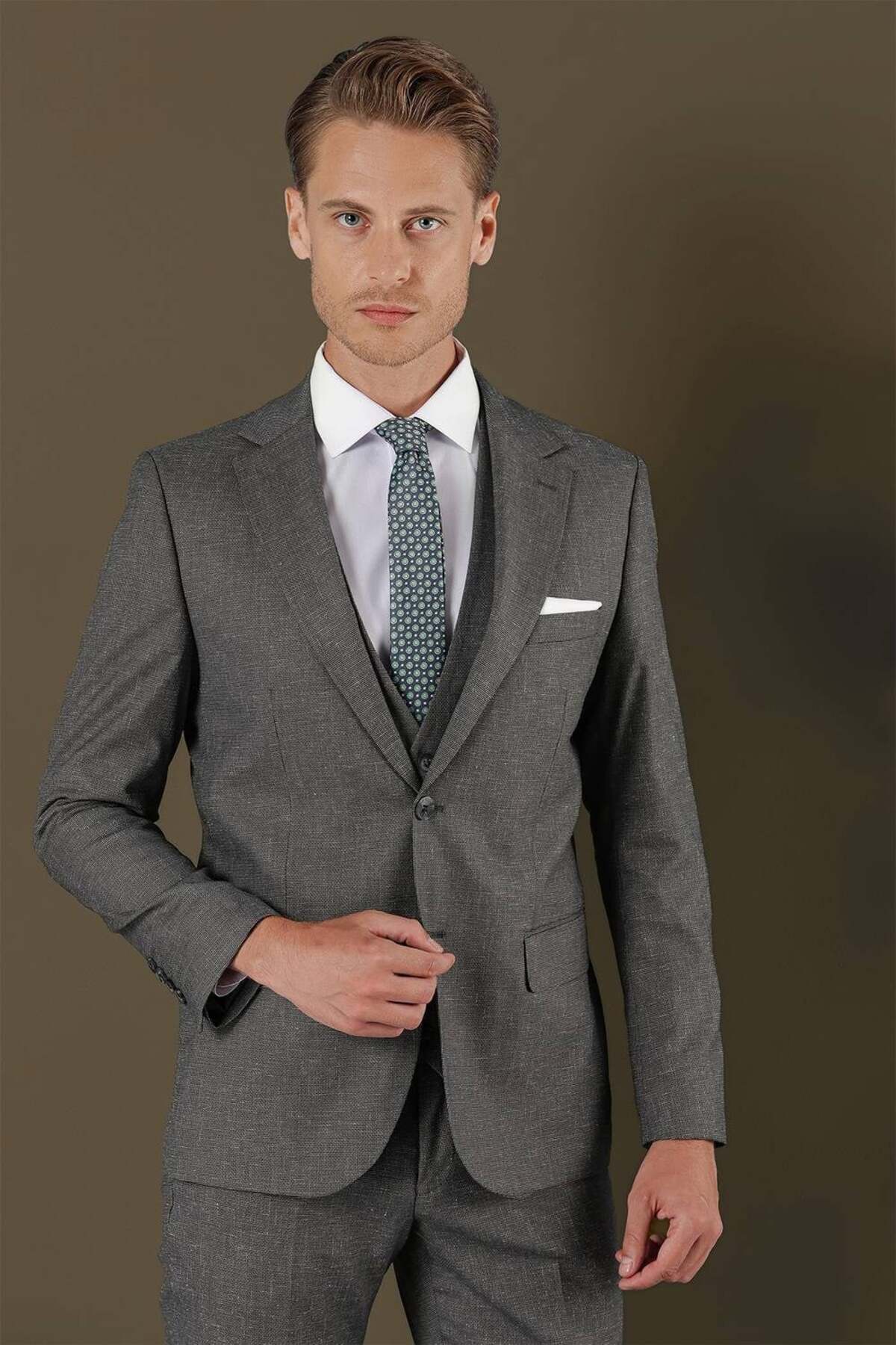 Slim Fit Mono Collar Textured Dark Grey Vest Suit TK 873 — رنگارنگ TK873Y1122 — تصویر 4 از 8
