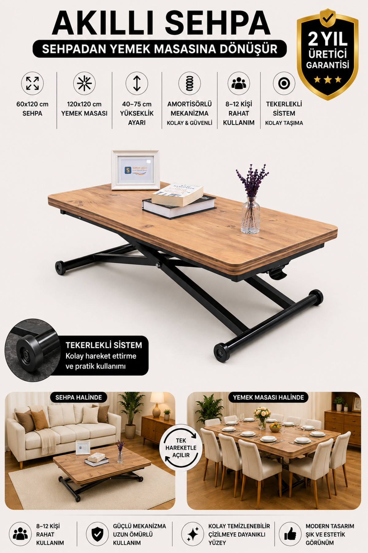 Akıllı Sehpa Home Üst Tabla Mdf Efesçam Oval Köşe Alt Mekanizma Siyah Renk