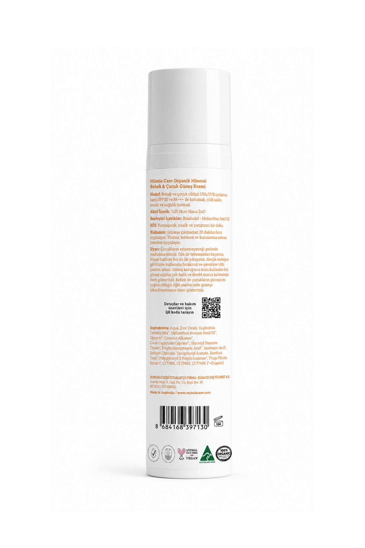 Organik Mineral Filtreli Bebek ve Çocuk Güneş Kremi SPF 50 110 g %25 Non-Nano Çinko Oksit — 8684166397024 — تصویر 8 از 8