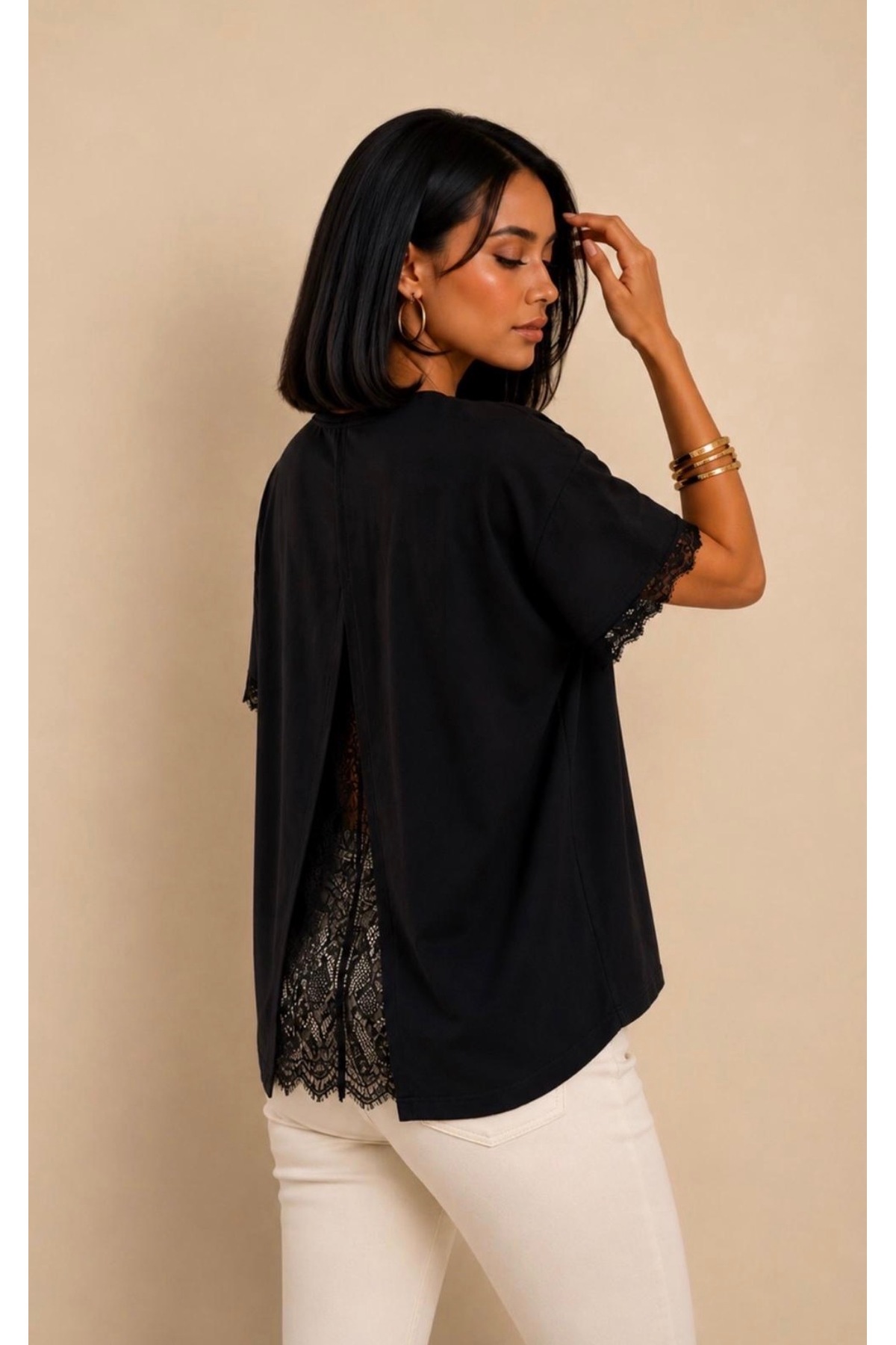 BE CHİC Women's Back Lace Detail Crew Neck Plain Basic Comfortable Fit T-shirt