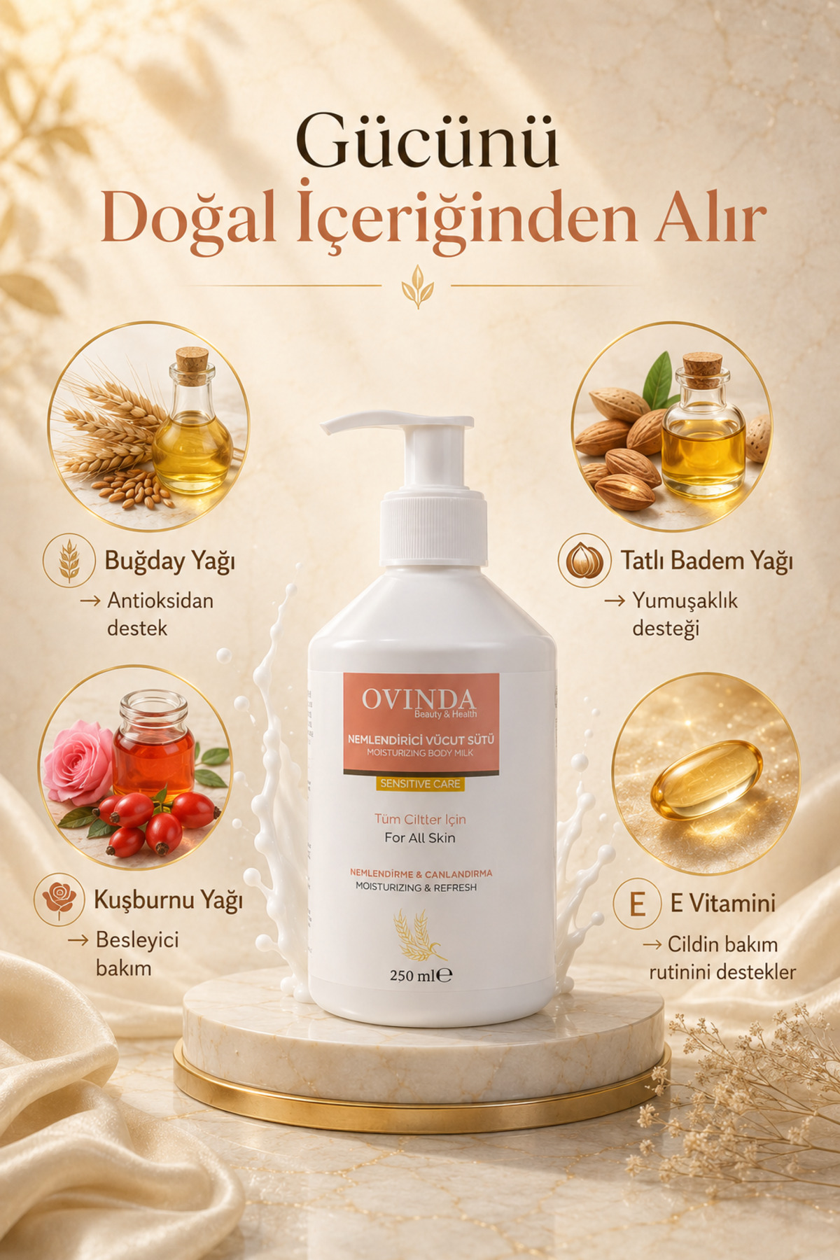 Nemlendirici Vücut Sütü Yoğun Nem Bakımı Badem Kuşburnu Buğday Yağı ve E Vitamini Tüm Ciltler 250 ml — OVD-01.03 — تصویر 4 از 6