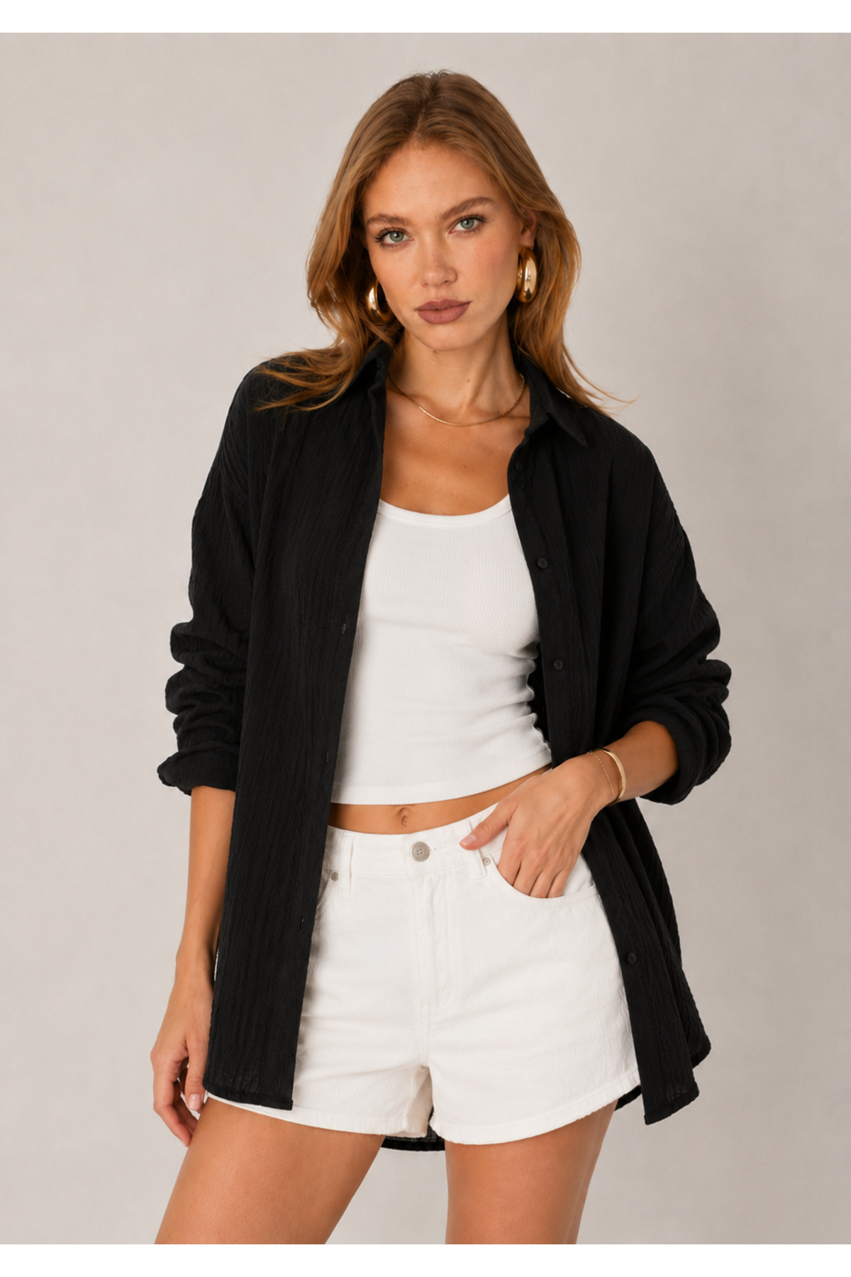 EDITION WOMAN Siyah Müslin Yıkamalı Oversize Pamuk Gömlek | EK100165030 görsel 3