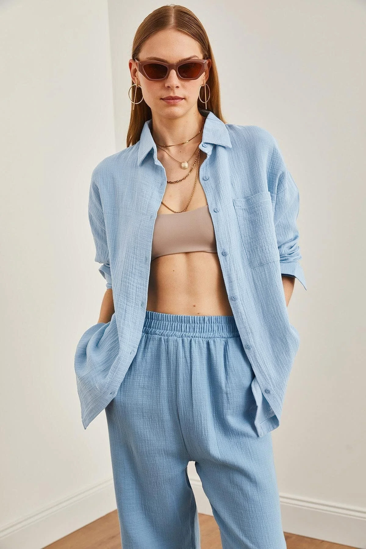 Women's Baby Blue Oversize Basic Muslin ShirtGML-19001217