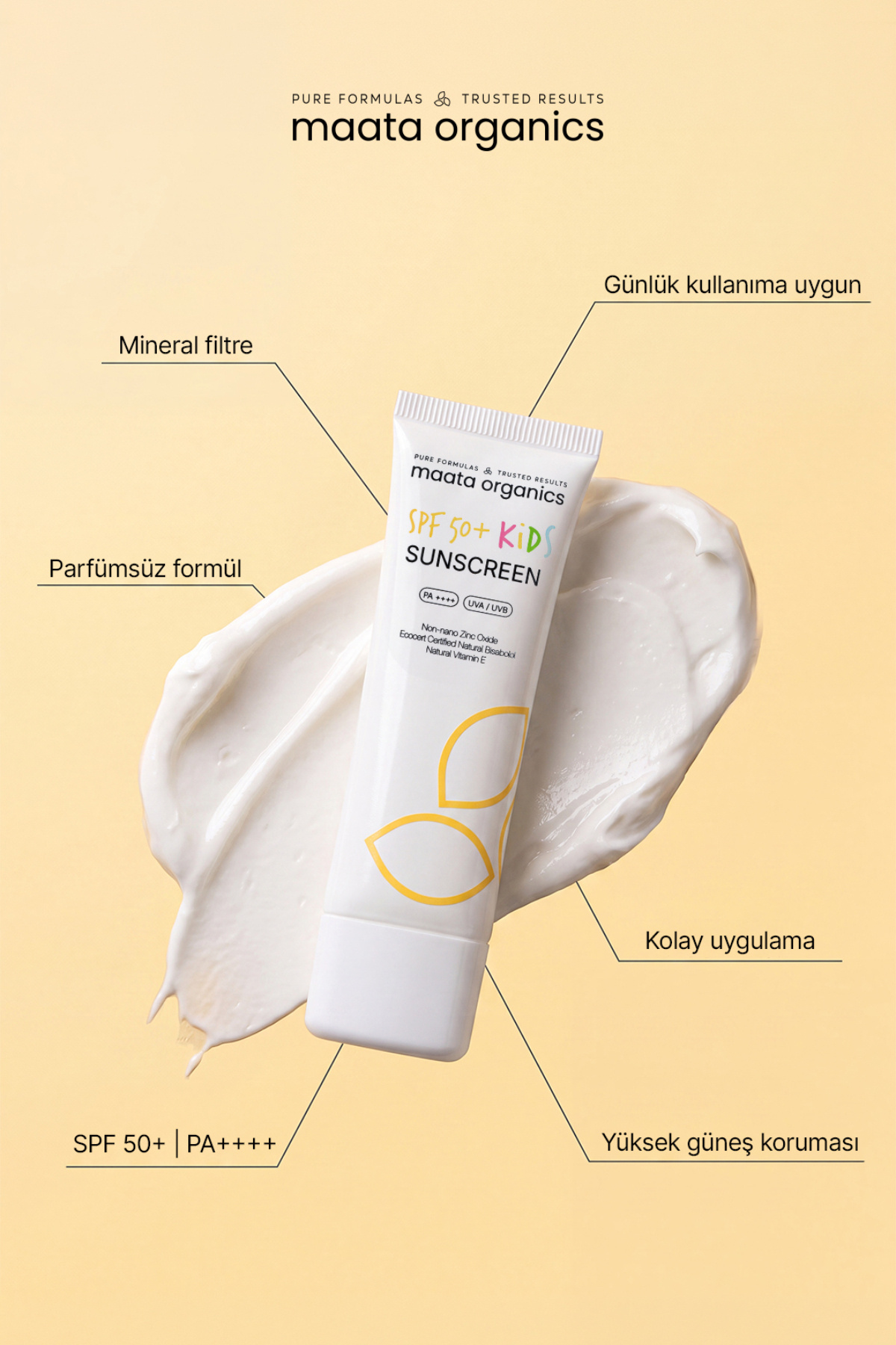 Kids Mineral Güneş Koruyucu SPF 50+ PA++++ Bebek ve Çocuklar İçin Hassas Ciltlere Uygun Non-Nano Çinko Oksit Yüz & Vücut Güneş Kremi 50ml — MAASPFKIDS50 — تصویر 3 از 4