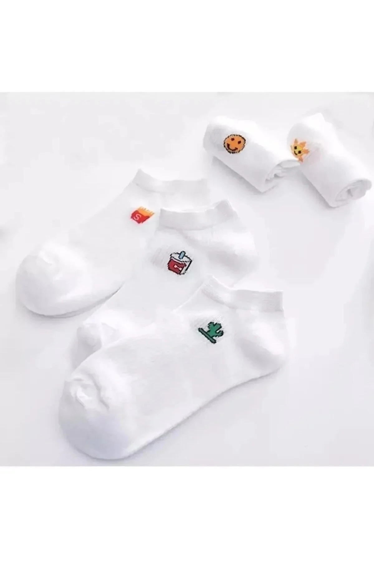 5'li Eğlenceli Emoji Desenli Beyaz Yazlık Kadın Patik Çorap Set — görsel 4 · 9020060506497