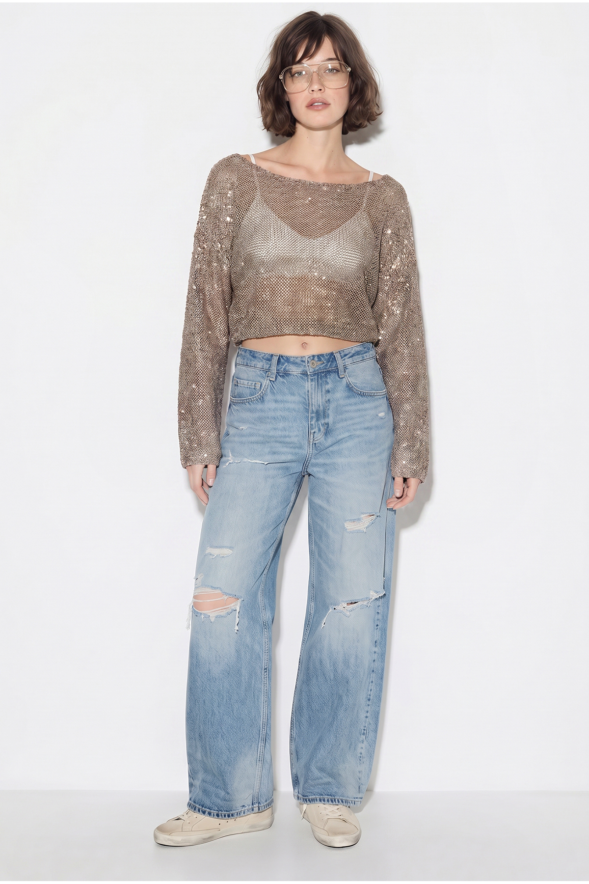 Women's Boat Neck Sequin Mesh Textured Bat Sleeve Crop Blouse 2765 60286345