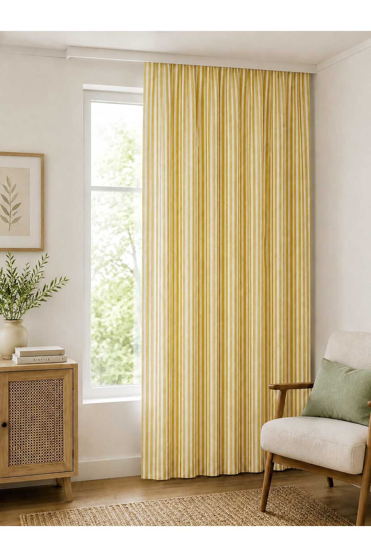 YELLOW Striped Vintage Linen CURTAIN Pleatless Background Curtain (WIDTH X LENGTH) - ONE WING- Pleatless