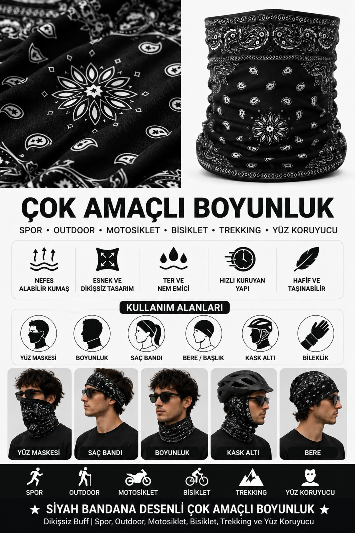 FG KONNİCHİWA Bandana Siyah Etnik Bandana Yüz Maskesi ve Boyunluk ve Günlük ve Motosiklet Kullanımı UV Korumalı Çok Amaçlı Boyunluk görsel 2