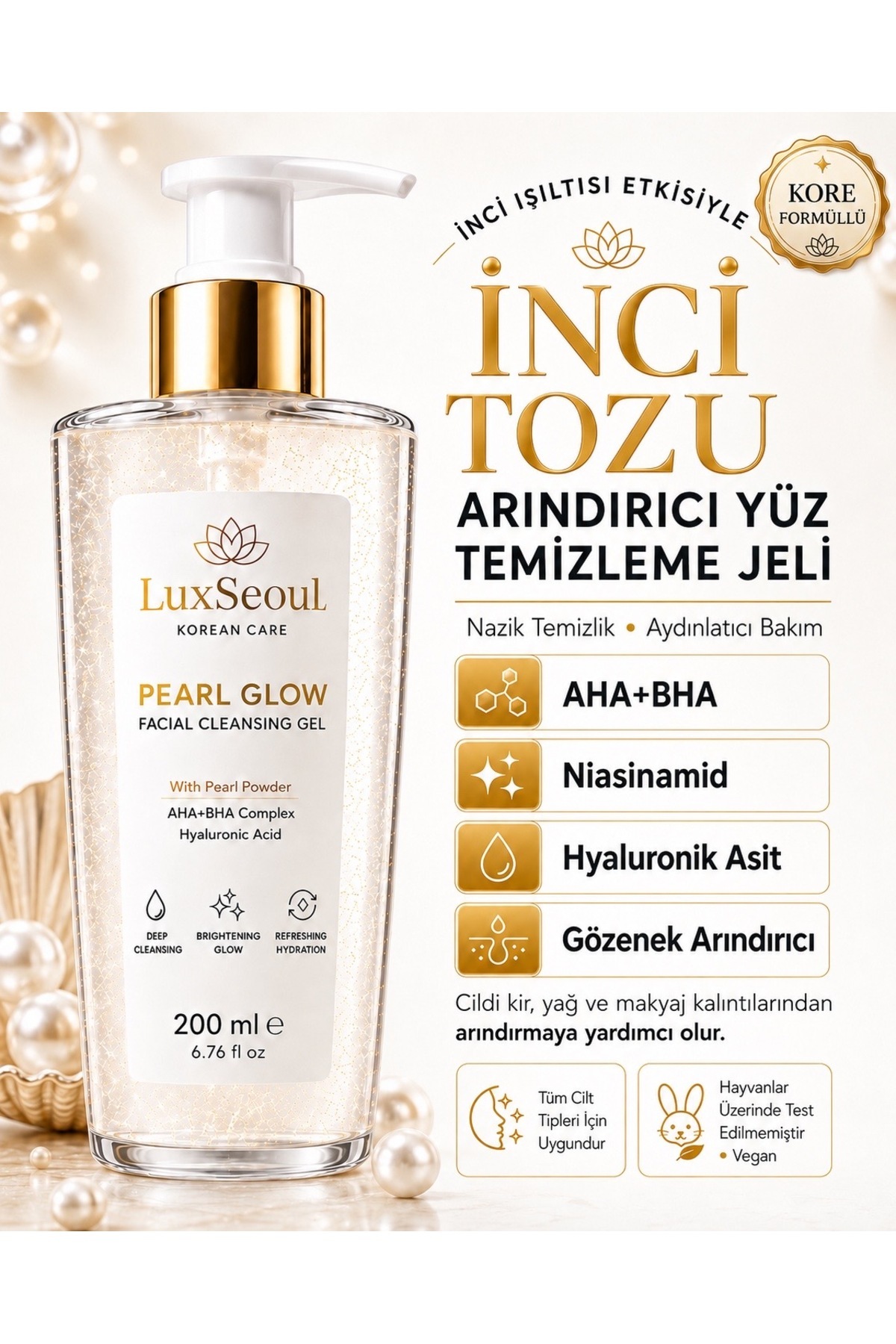 luxSEOUL Pearl Glow İnci Tozlu Aydınlatıcı Nemlendirici Gözenek Arındırıcı Yüz Temizleme Jeli 200 Ml — 001