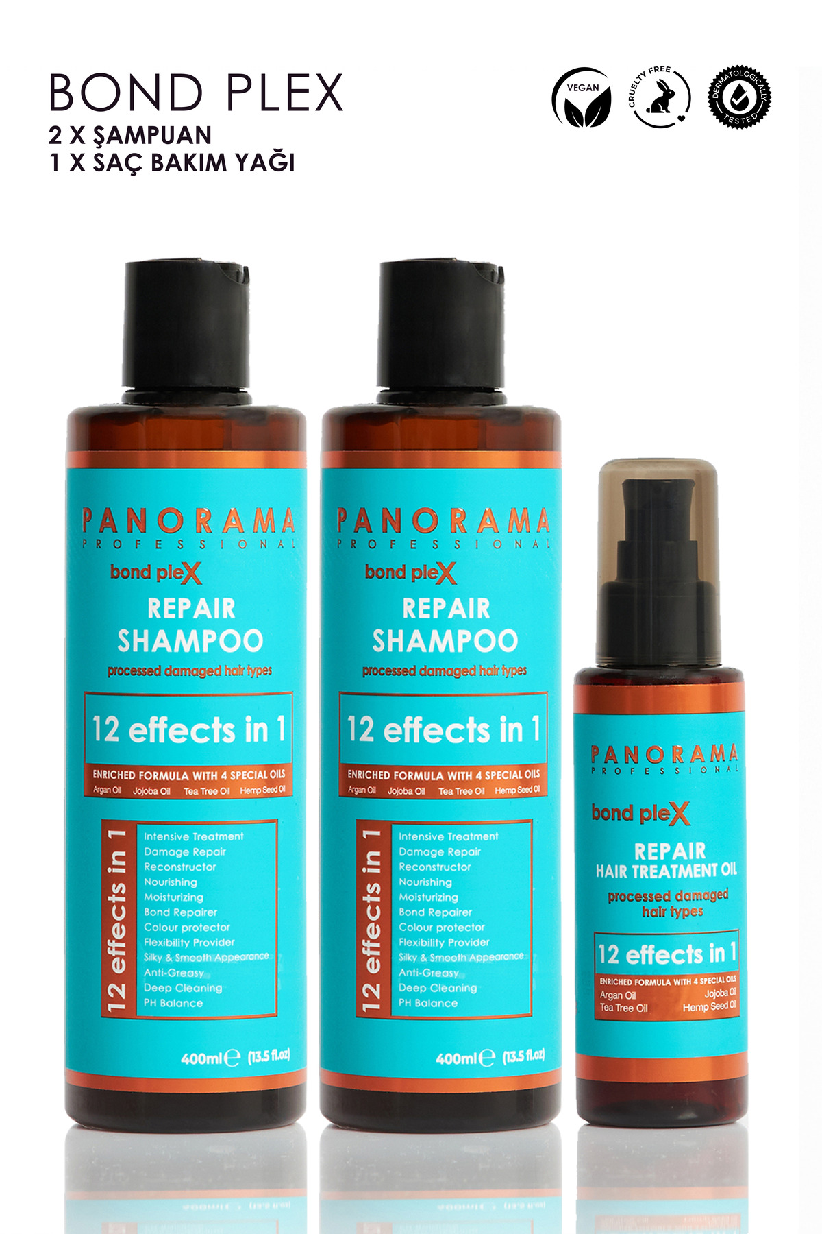PANORAMA PROFESSIONAL Professional Bond Plex Bakım Seti 12 Etki 1 Arada/400 ml X2 Şampuan 100 ml Saç Bakım Yağı Vegan — BP013