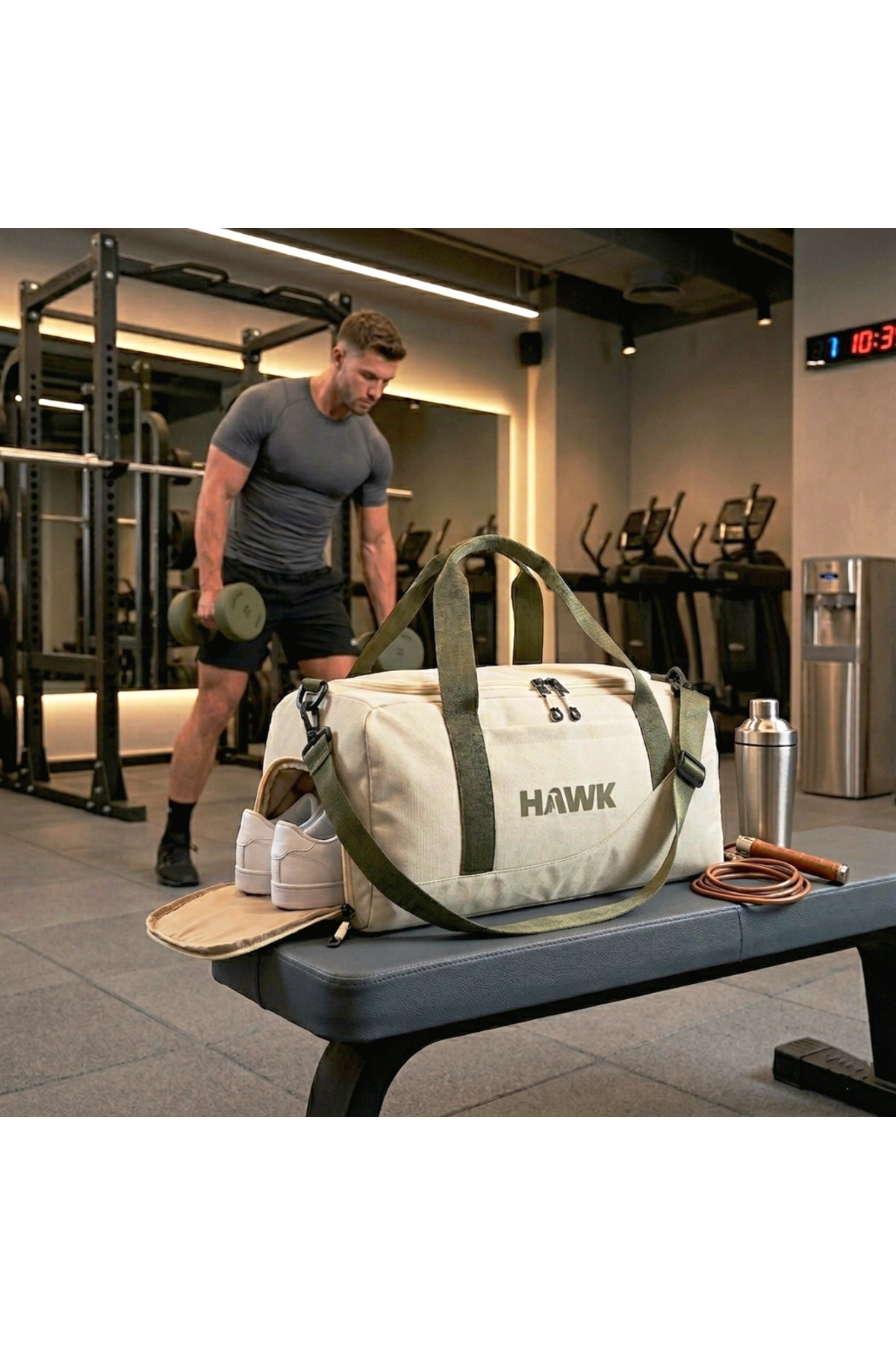 HAWK Spor Çantası Gym El Valizi Çok Amaçlı Unısex Seyahat Valizi Bej Haki Model görsel 5