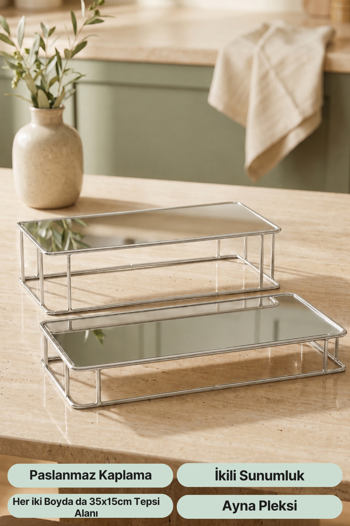 mba decor metal bending art Prisma Model Silver Mirrored Serving Tray – Double Set | Decorative & Stylish Presentation 30x15cm
