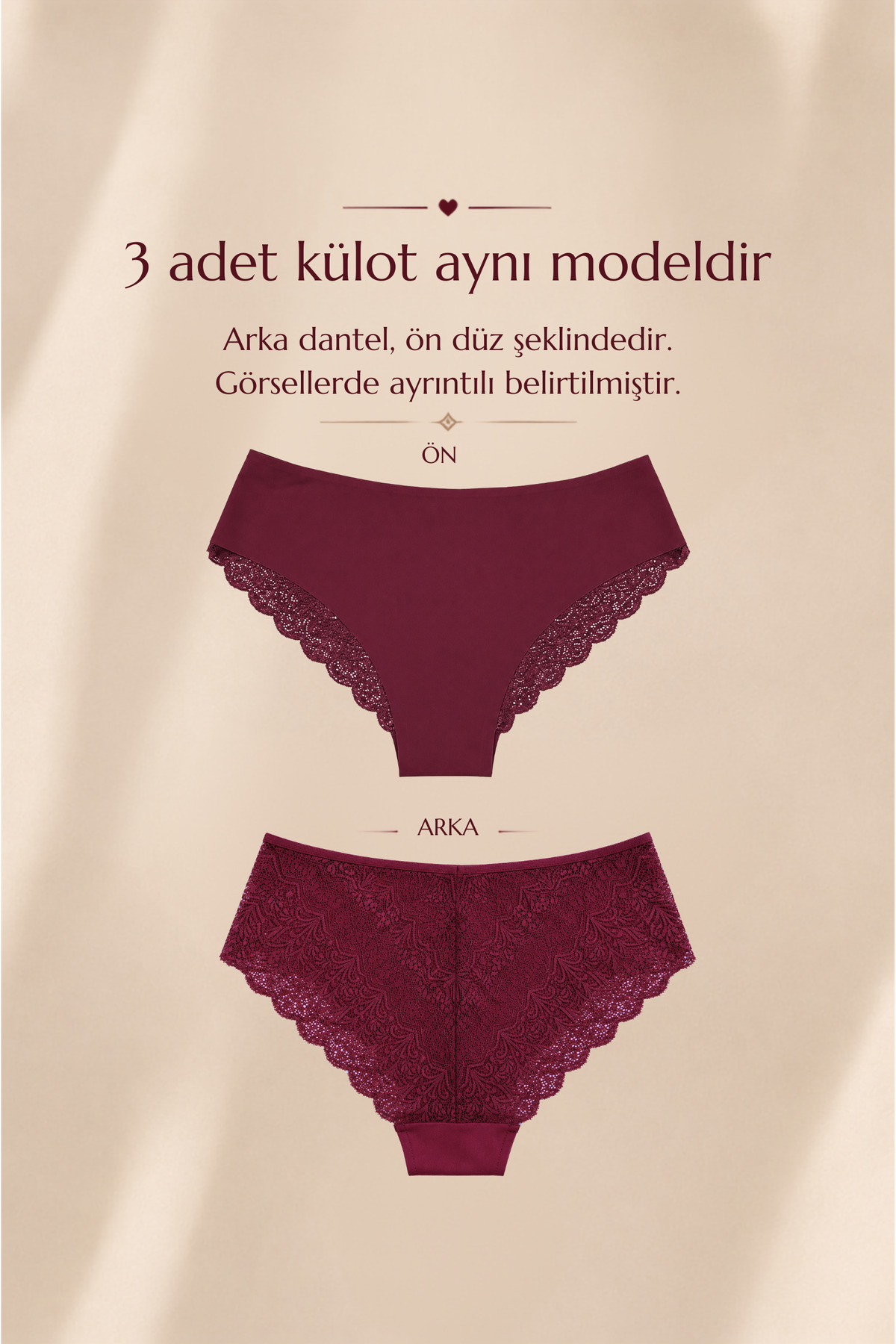 LİBELLA İÇ GİYİM Yeni Sezon Premium Büyük Beden Dantelli Lazer Tül Detaylı Şık Brezilya Külot Bordo 3'lü Paket görsel 2