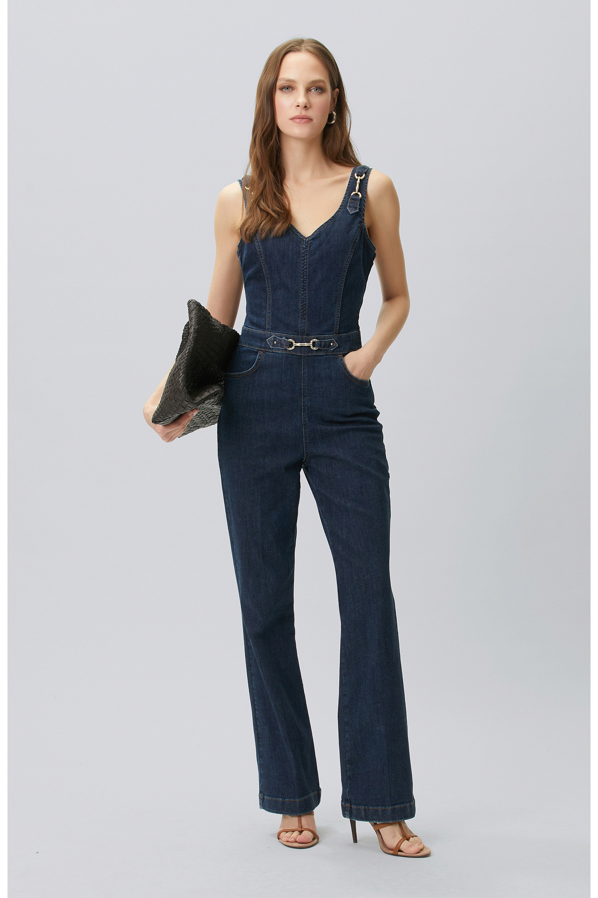 İndigo Aksesuarlı Denim Tulum
