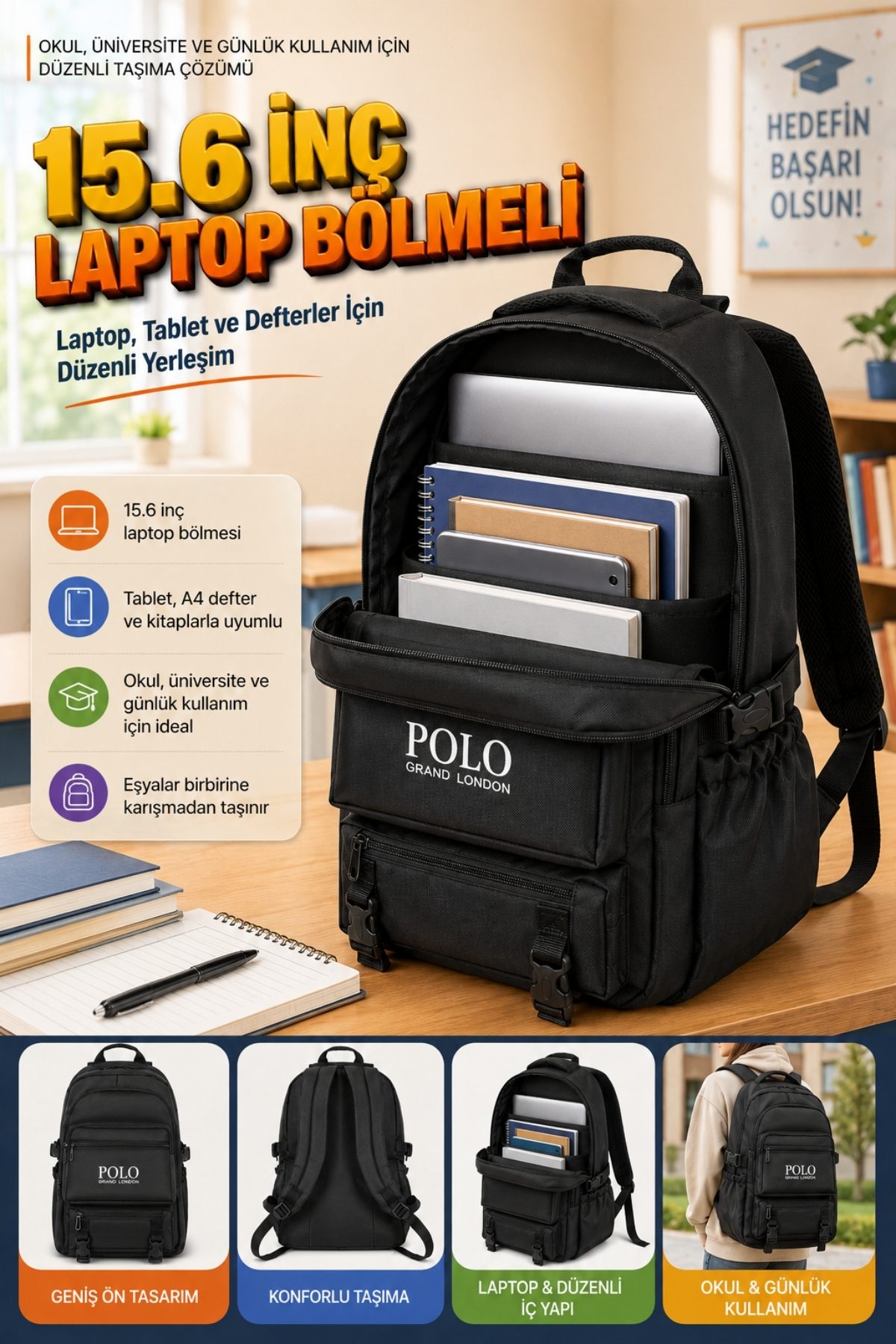 POLOGRAND London Orijinal Unisex Ortopedik Sırt Destekli Geniş Hacimli Çok Gözlü Ayarlanabilir Askılı Laptop Bölmeli Astarlı İlkokul Ortaokul Lise Üniversite İçin Öğrenci Yetişkin Çocuk Genç Büyük Siyah Okul Çantası görsel 7