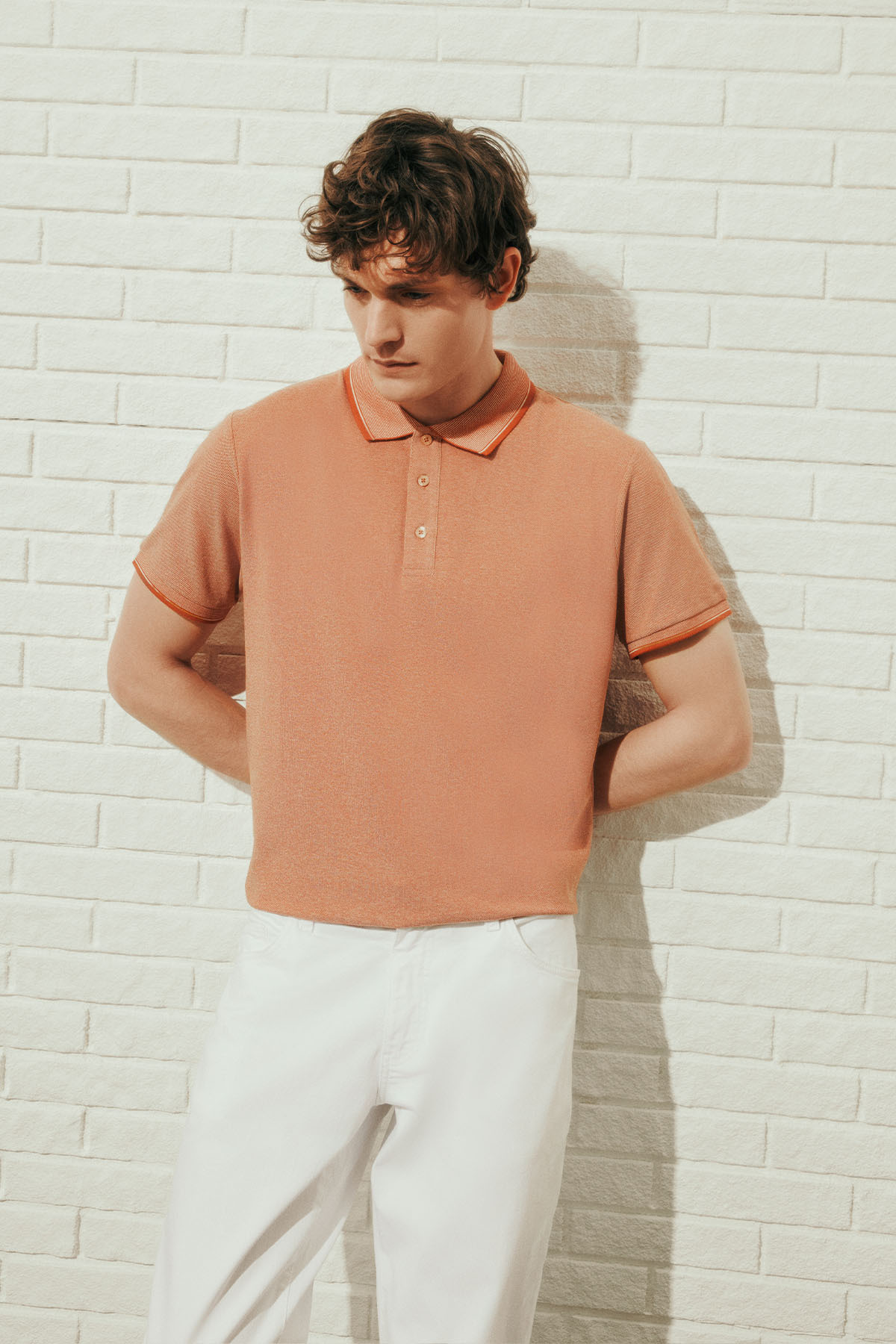 AC&Co / Altınyıldız Classics Erkek Çekmeyen Pamuklu Kumaş Slim Fit Dar Kesim Kiremit-Bej Kıvrılmaz Polo Yaka Tişört görsel 2